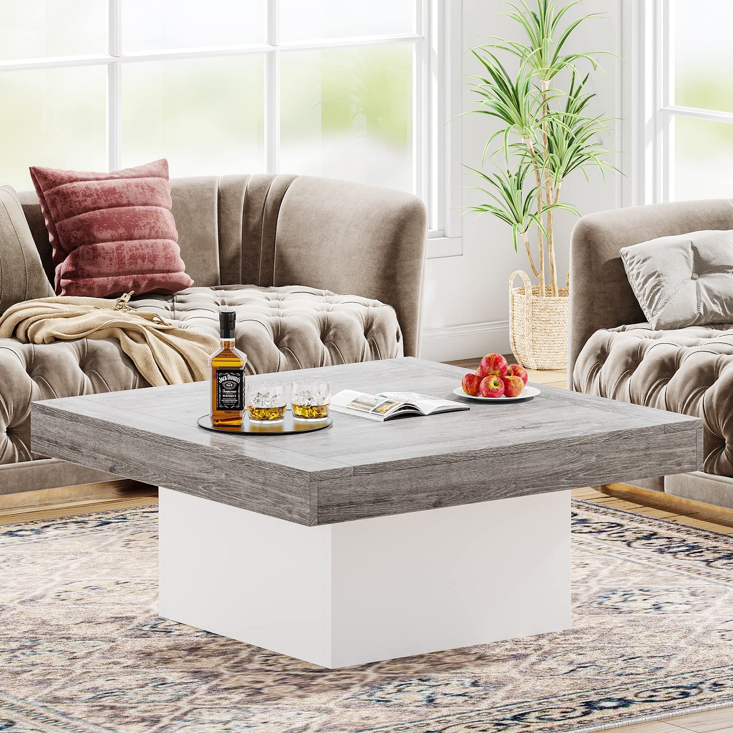 Tribesigns Square LED Coffee Table – Grey & White Engineered Wood Low Center Table for Living Room
