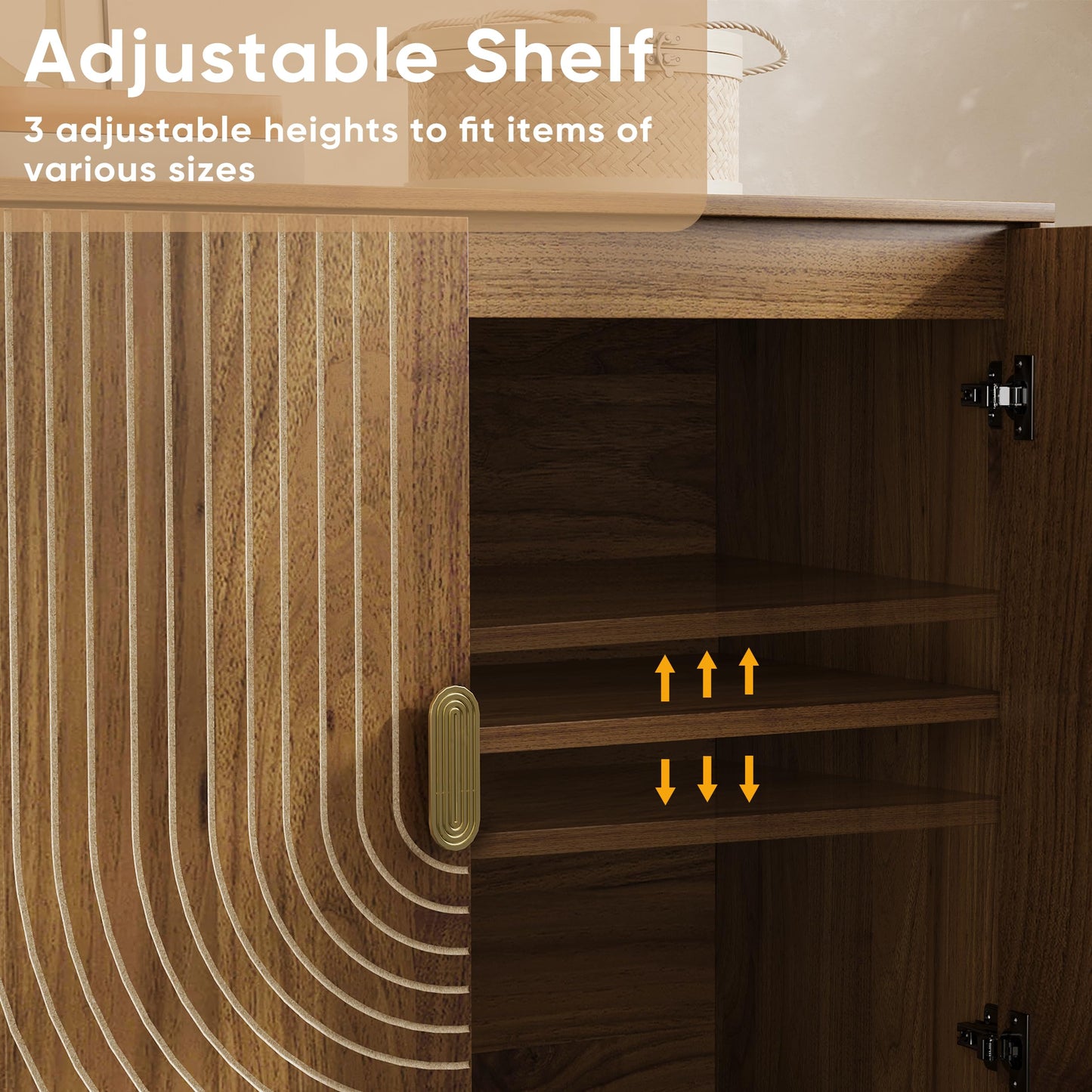 Walnut Sideboard Cabinet with Line Groove Design, Freestanding Wood Buffet Cabinet with Adjustable Shelf for Living Room, Entryway, or Hallway