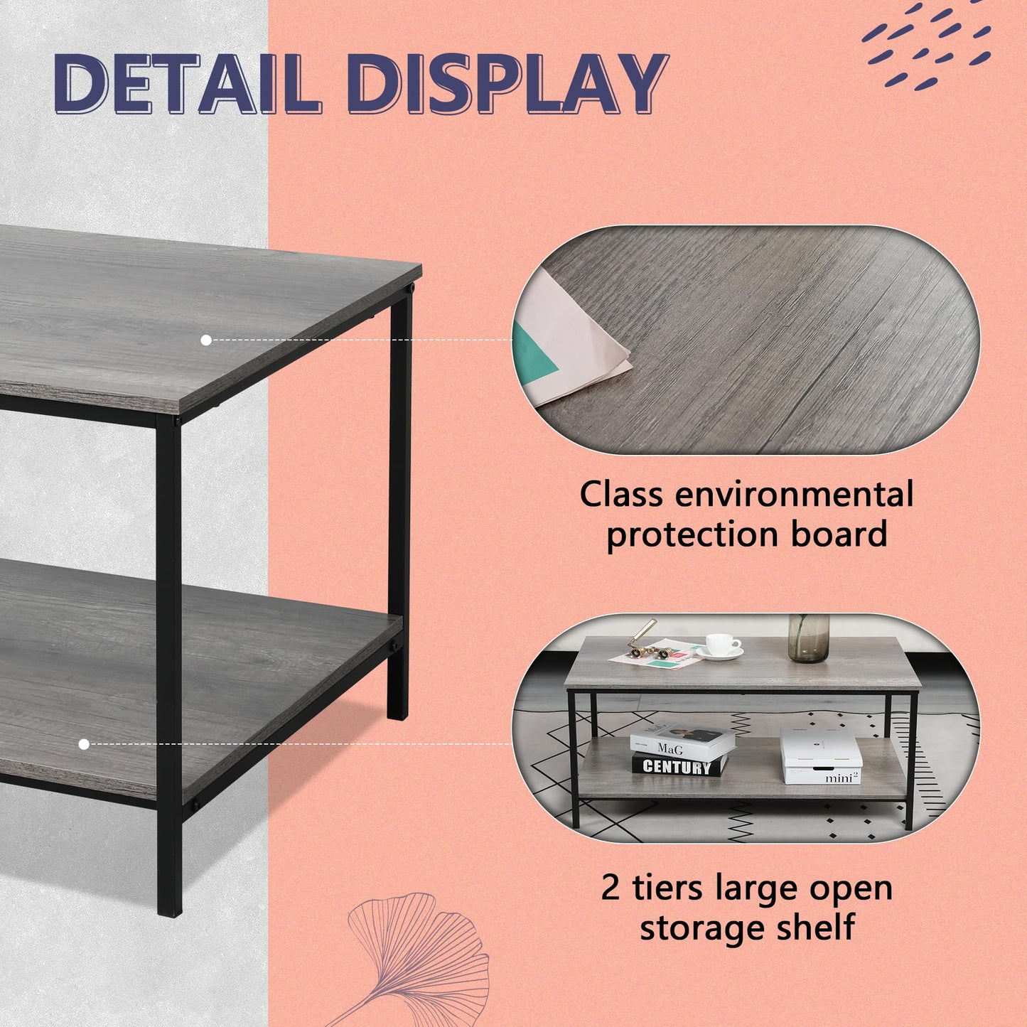 2-Tier Coffee Table with Storage Shelf, Grey Oak Wood and Metal Frame Rectangle Table for Living Room, 39.3"x20"x16"