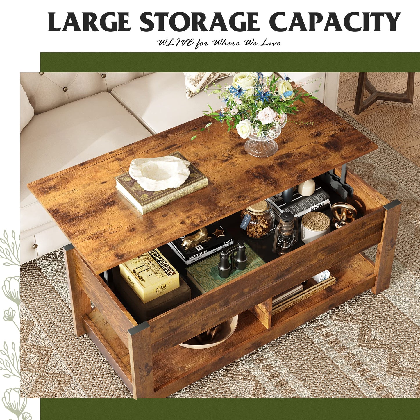 WLIVE 47" Lift Top Coffee Table with Hidden Compartment and Dual Storage Shelves – Rustic Brown Modern Center Table for Living Room, Spacious Storage with Functional Lift-Top Design