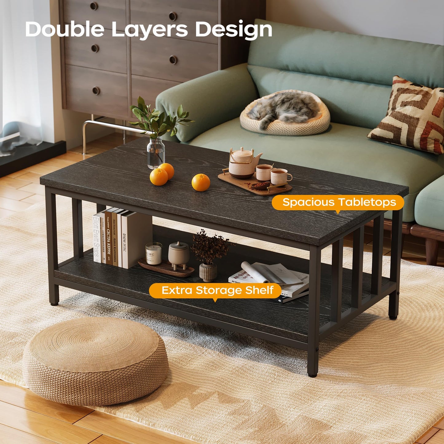 Modern Farmhouse Coffee Table with Slatted Frame, 2-Tier Storage Shelf for Living Room or Office, 39 Inch Black