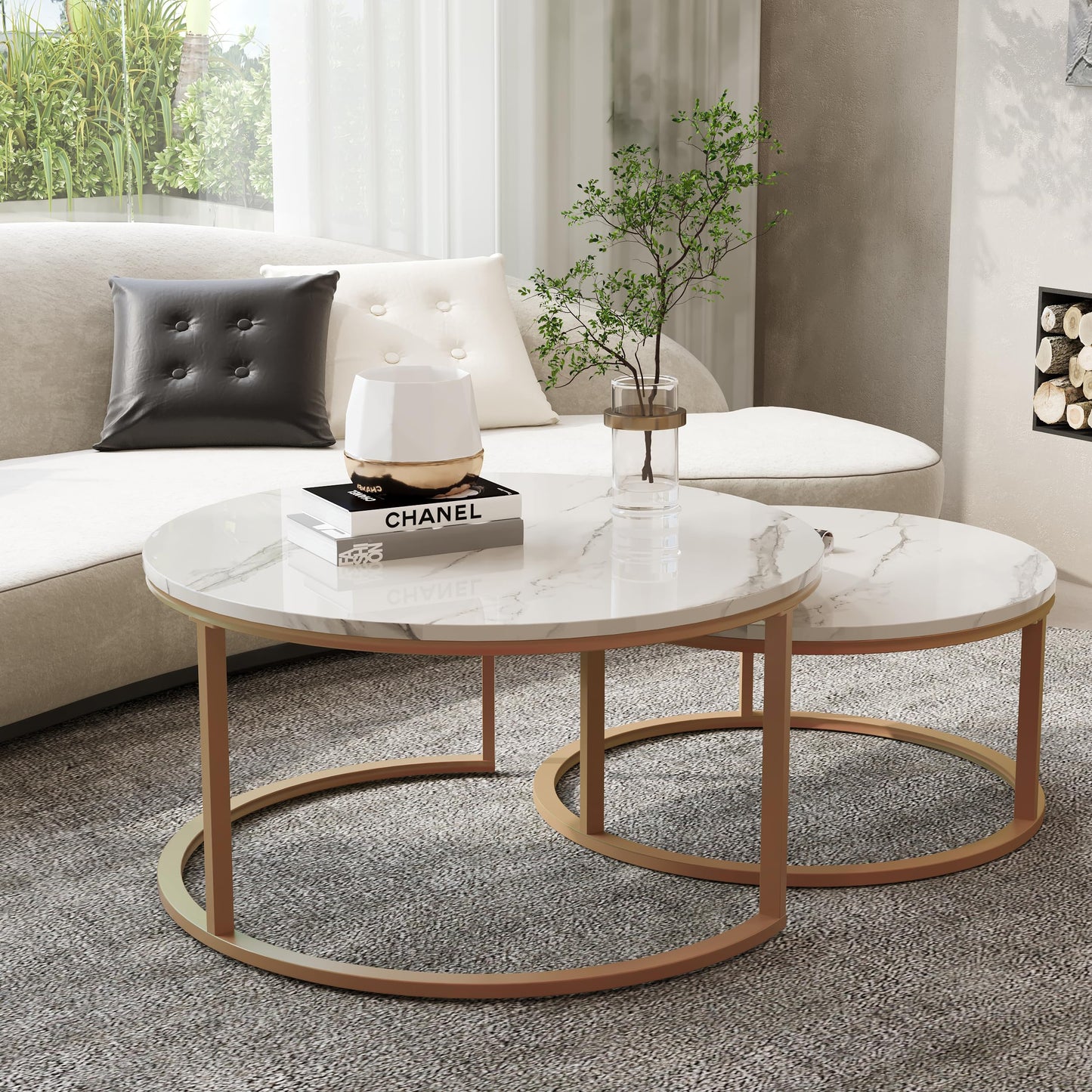 WiberWi Round Nesting Coffee Tables Set of 2 – Large Ø34", Small Ø26", Modern Gold Metal Frame Circle Tables with High Gloss Faux White Marble Top for Living Room