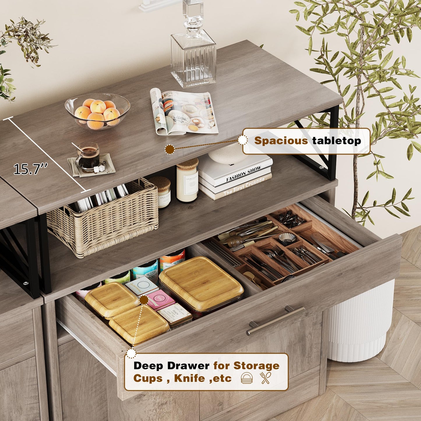 31" Modern Sideboard Buffet Cabinet with Adjustable Shelf, Wood Farmhouse Coffee Bar Storage for Kitchen or Dining Room, Ash Grey