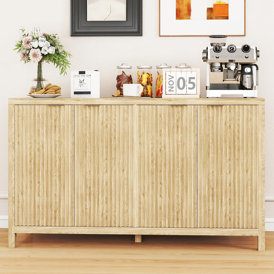 Real Relax Fluted Sideboard Buffet Cabinet with Storage, Modern 55" Credenza with 4 Doors, Adjustable Shelves, Large Coffee Bar Table for Dining Room, Kitchen, Living Room, Natural Oak