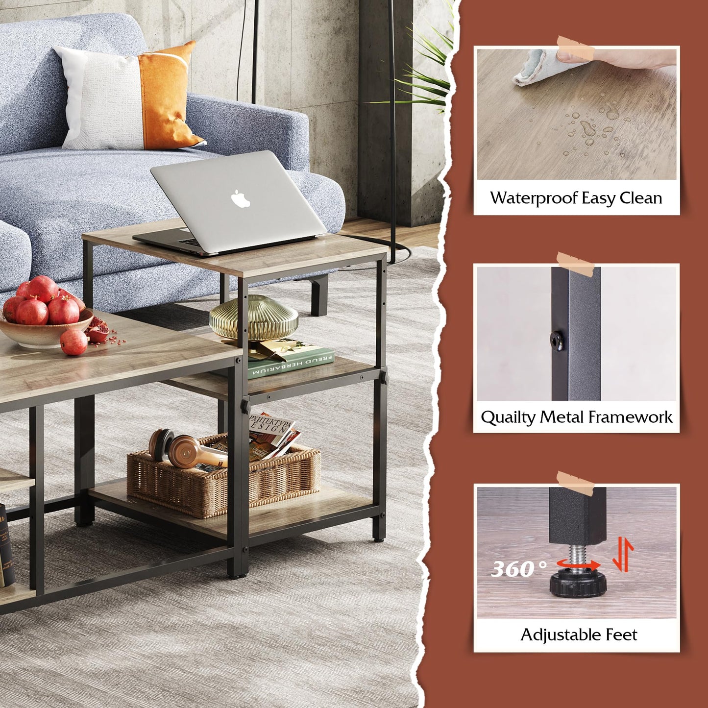 WLIVE Adjustable Coffee Table Set of 2 – Small End Tables for Living Room or Bedroom, Grey