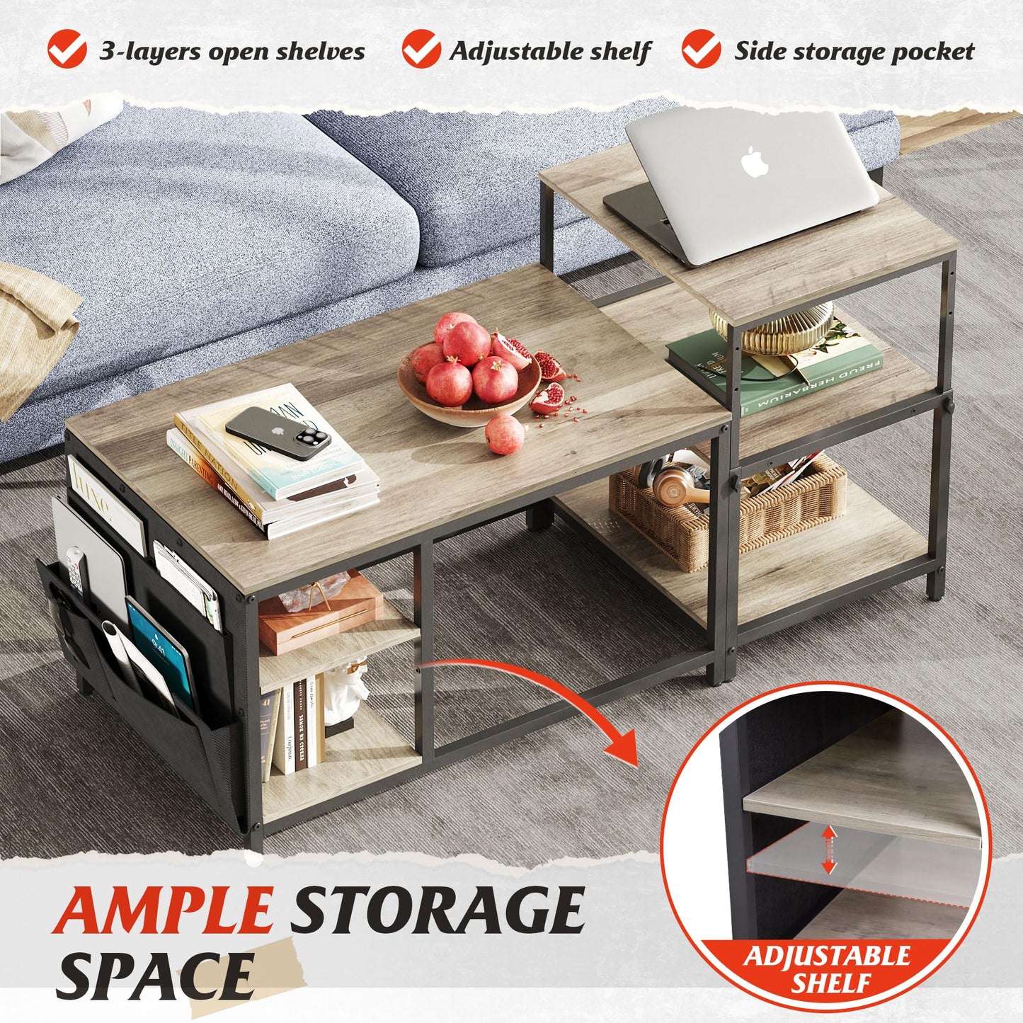 WLIVE Adjustable Coffee Table Set of 2 – Small End Tables for Living Room or Bedroom, Grey