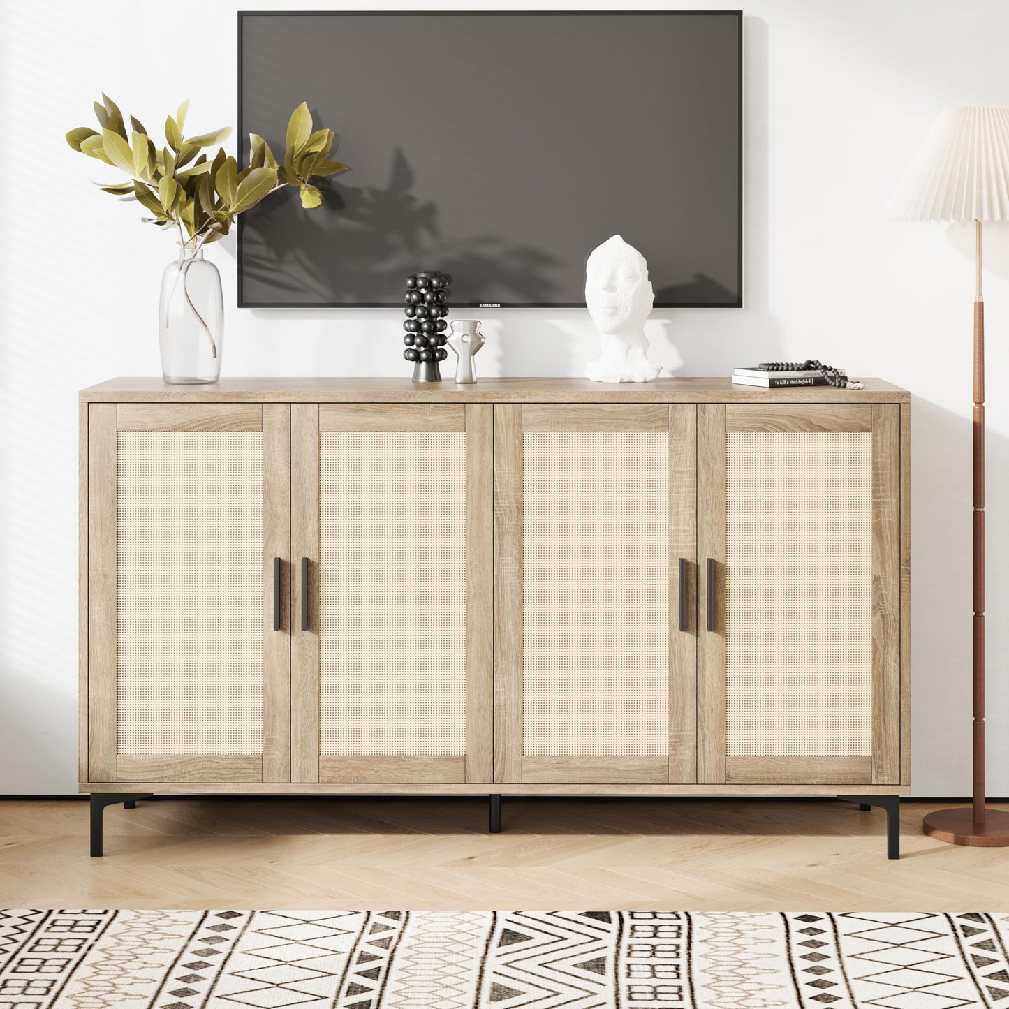 JASIWAY Sideboard - Kitchen Buffet Cabinet with Rattan Decorated Doors, Accent Cabinets with Doors, Coffee Bar Cabinets Rattan Sideboard Buffet Cabinet with Storage (Natural with 4 Doors)