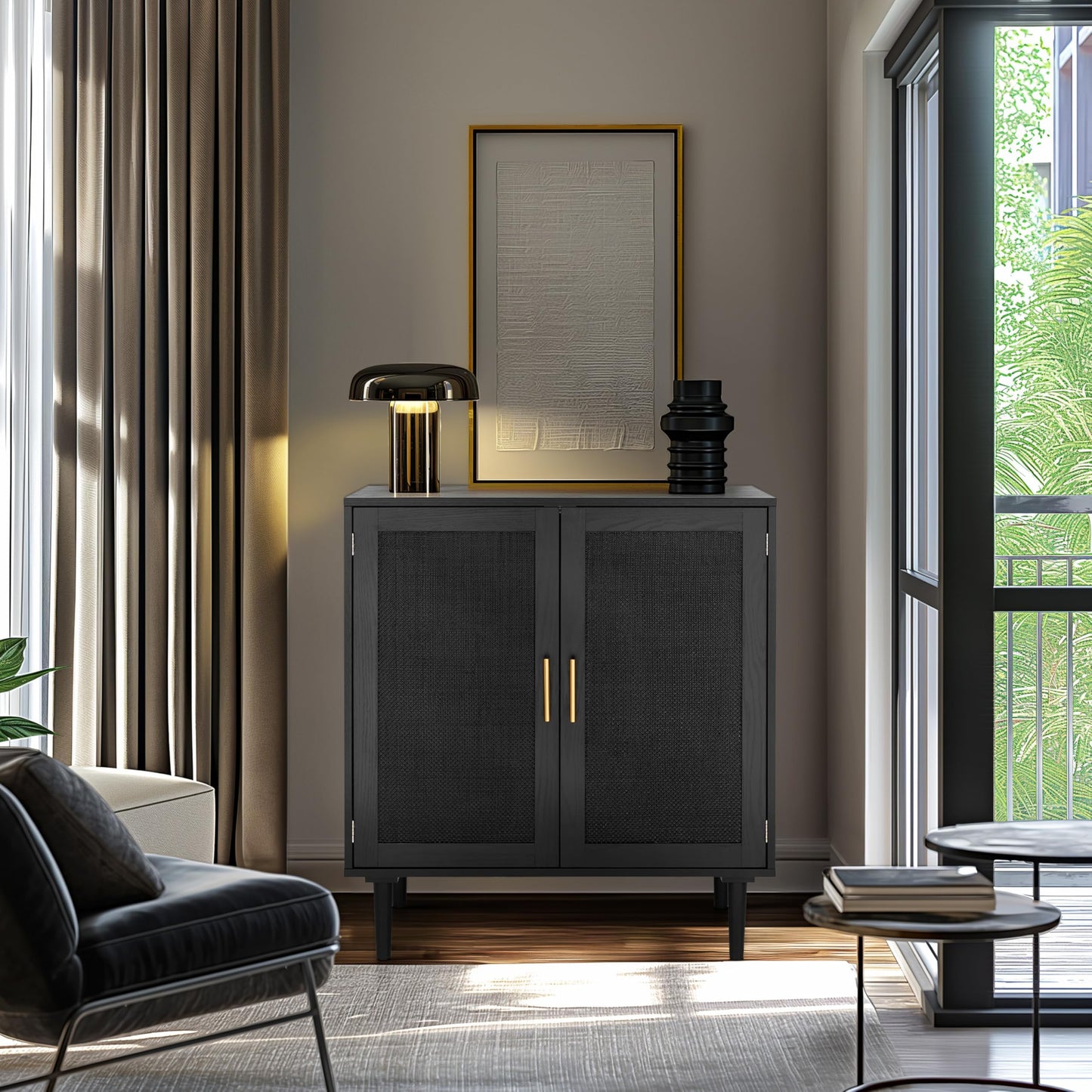 Sideboard Buffet Kitchen Storage Cabinet with Black Painted Rattan Doors, Modern Console Table Cupboard for Dining Room, Hallway, or Living Room, 31.5" x 15.8" x 34.6", Black