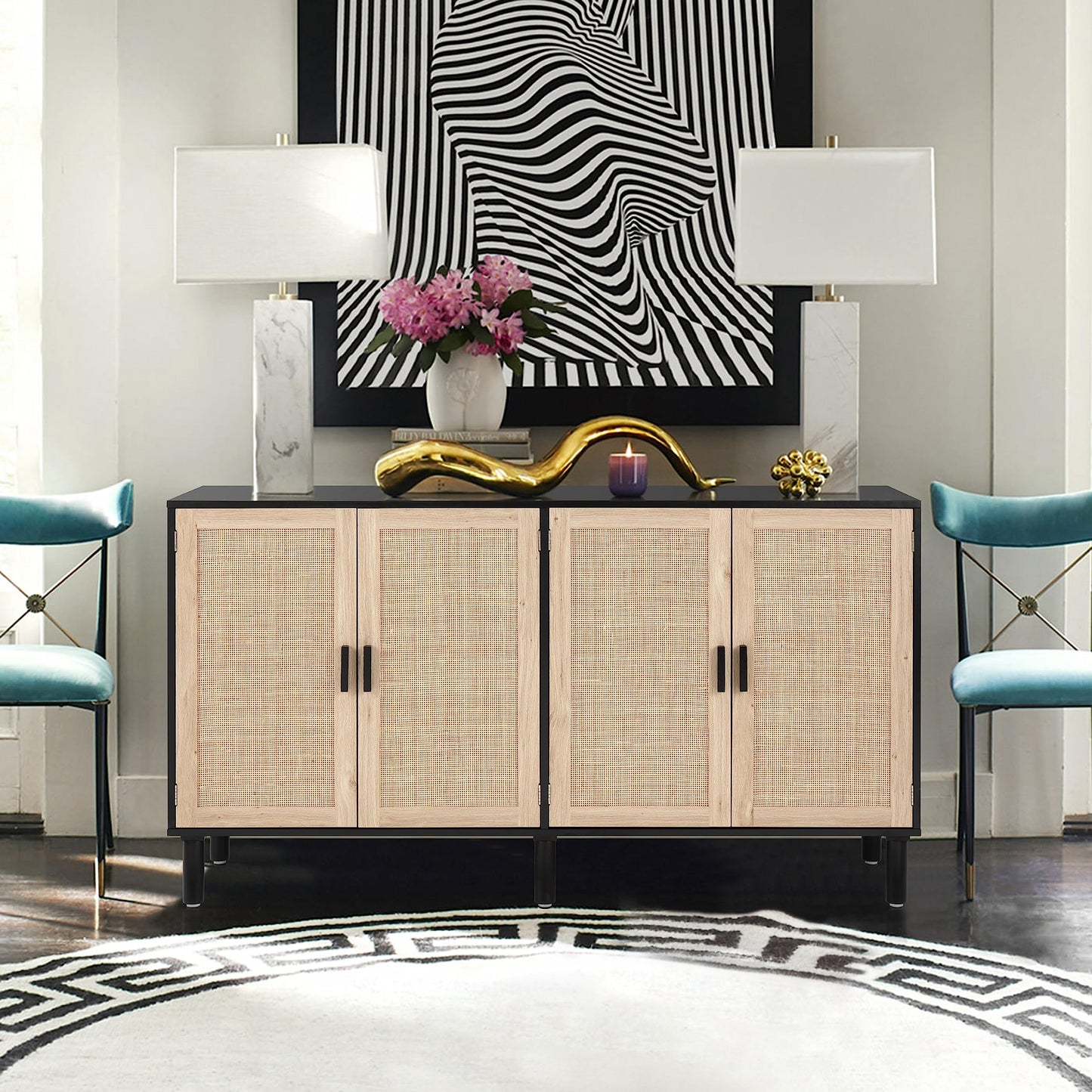 4-Door Sideboard Buffet Cabinet with Rattan Doors, Boho Kitchen Storage Console Table and Liquor Bar Cabinet, 62.3" x 15.7" x 34.6", Black