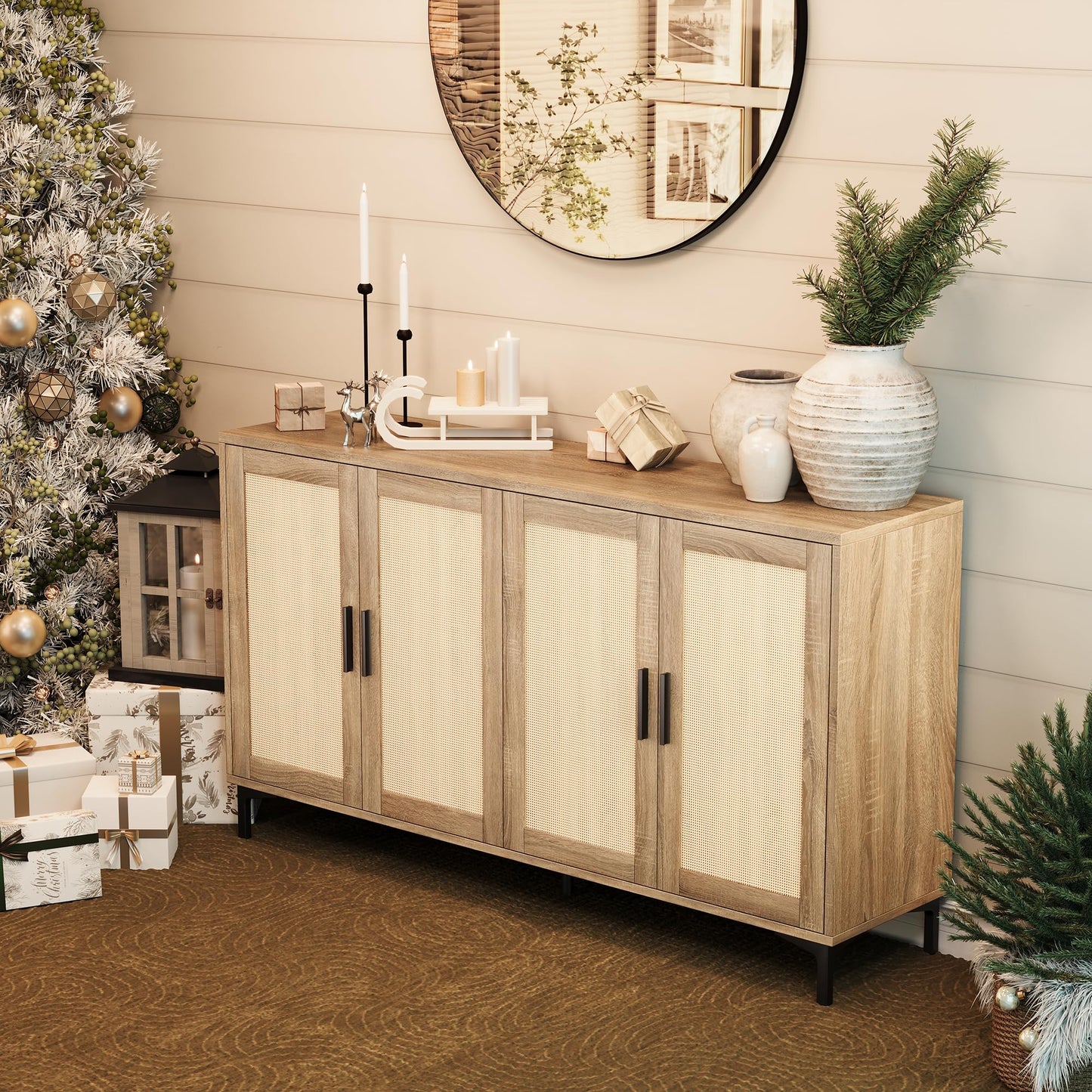 JASIWAY Sideboard - Kitchen Buffet Cabinet with Rattan Decorated Doors, Accent Cabinets with Doors, Coffee Bar Cabinets Rattan Sideboard Buffet Cabinet with Storage (Natural with 4 Doors)