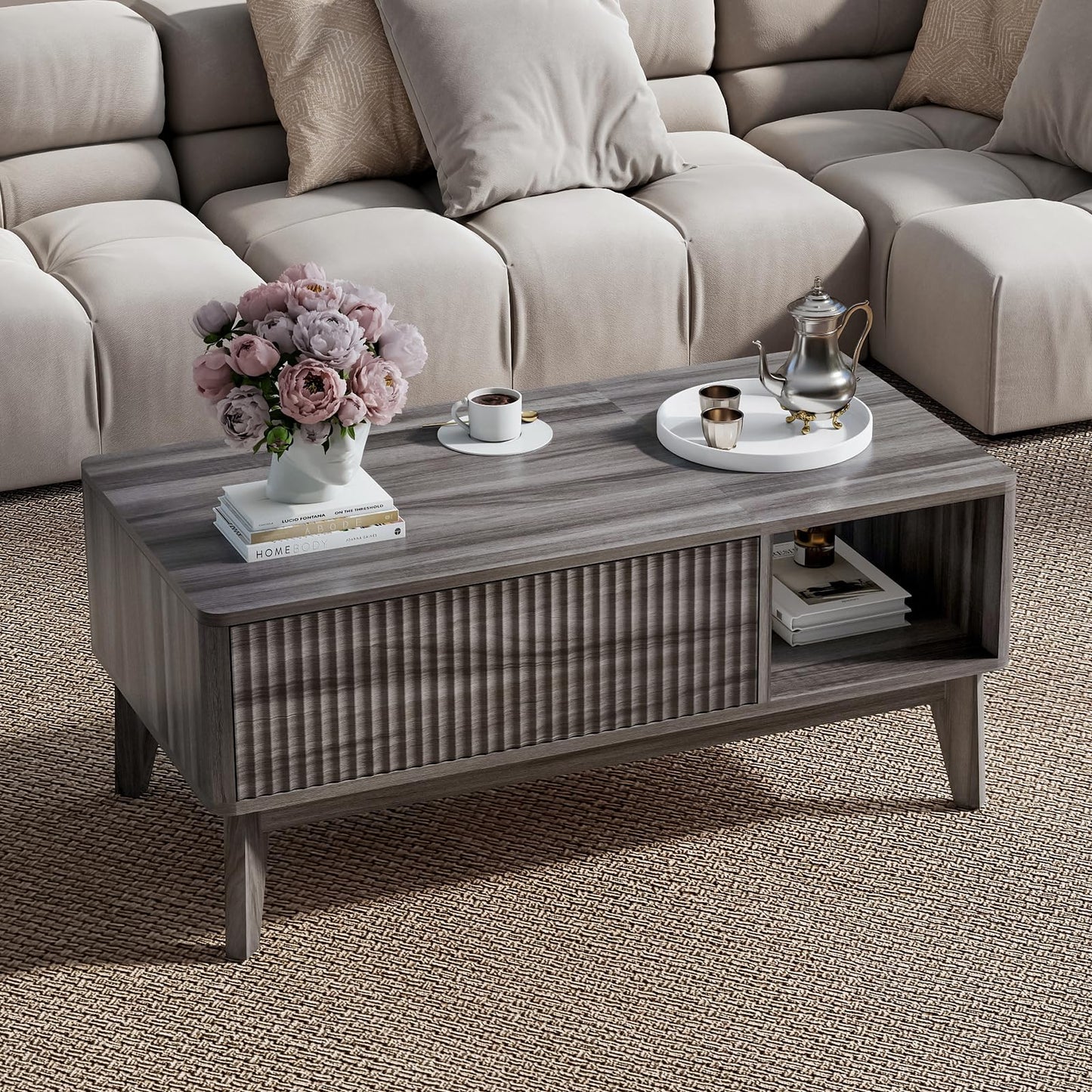 LYNCOHOME Fluted Lift Top Coffee Table with Storage – Modern Center Table for Living Room or Home Office, Grey Finish