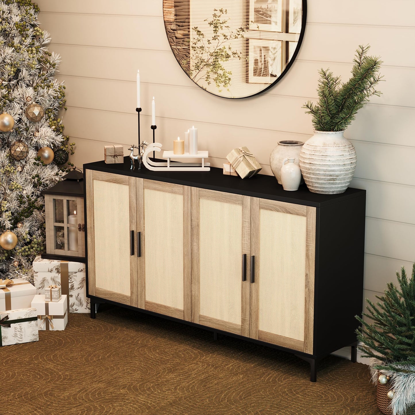 **JASIWAY Sideboard Buffet Cabinet with Storage, Rattan Kitchen Buffet Cabinet with Doors, Accent Coffee Bar Sideboard Cabinet for Living Room, Entryway, and Kitchen, Black**