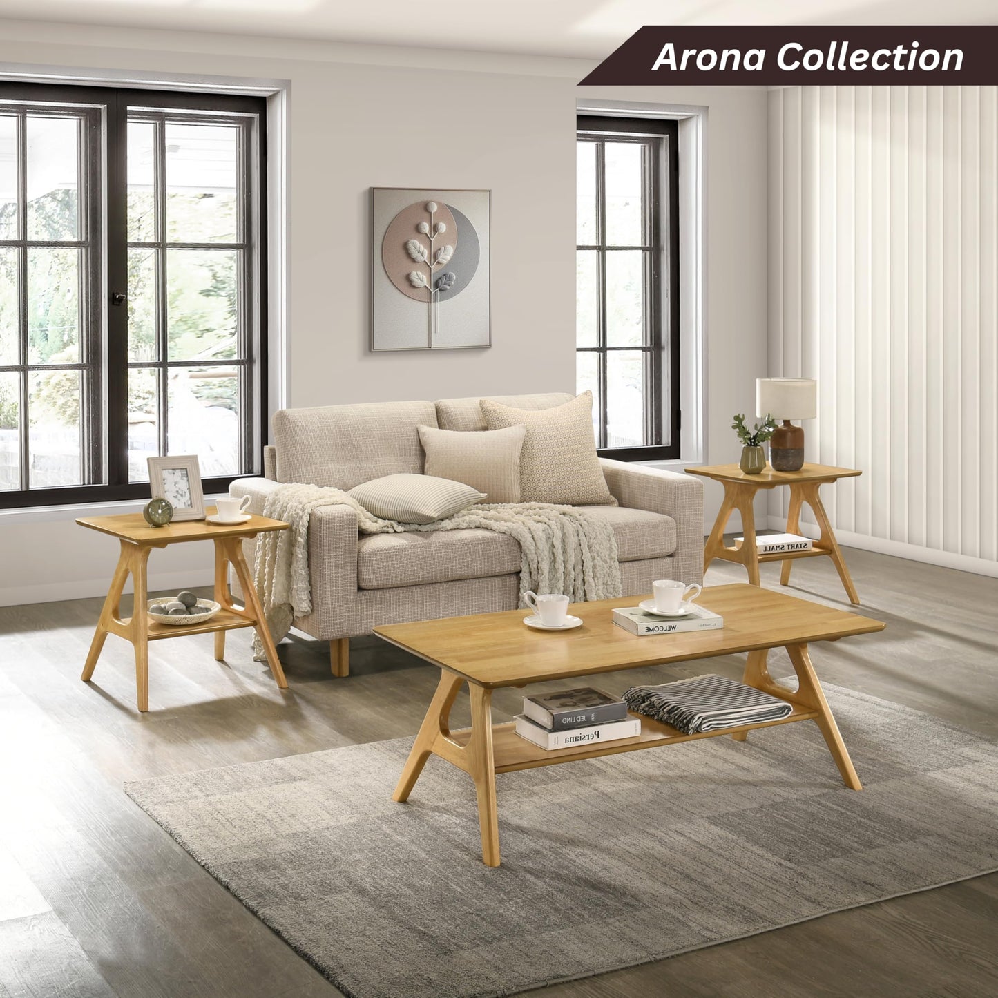 Roundhill Furniture Arona Mid-Century Modern Wood Coffee Table with Shelf – Natural Oak Finish