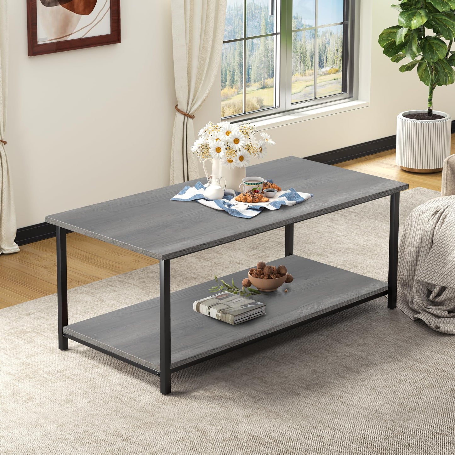 2-Tier Coffee Table with Storage Shelf, Grey Oak Wood and Metal Frame Rectangle Table for Living Room, 39.3"x20"x16"