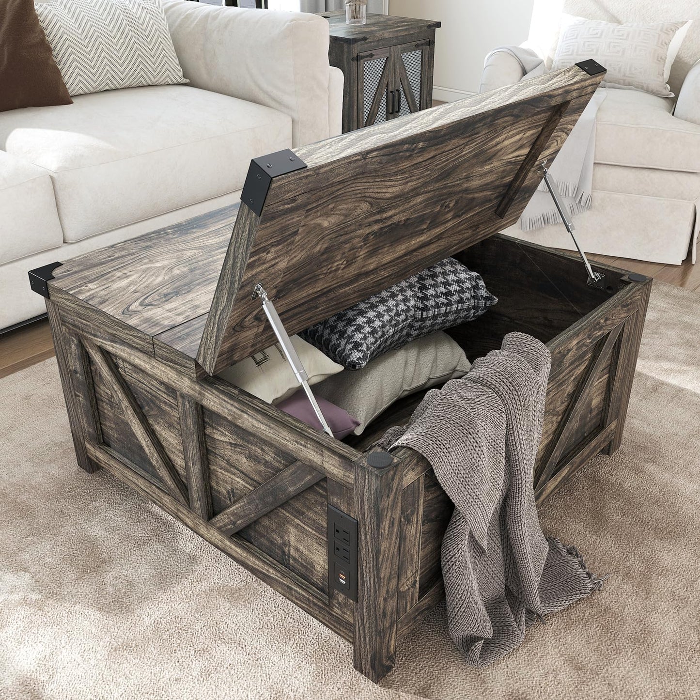 Farmhouse Lift Top Coffee Table with Storage and Charging Station – Dark Grey Wood Square Center Table with USB Ports, Hidden Compartment, and Spacious Storage for Living Room, Bedroom, or Home Office