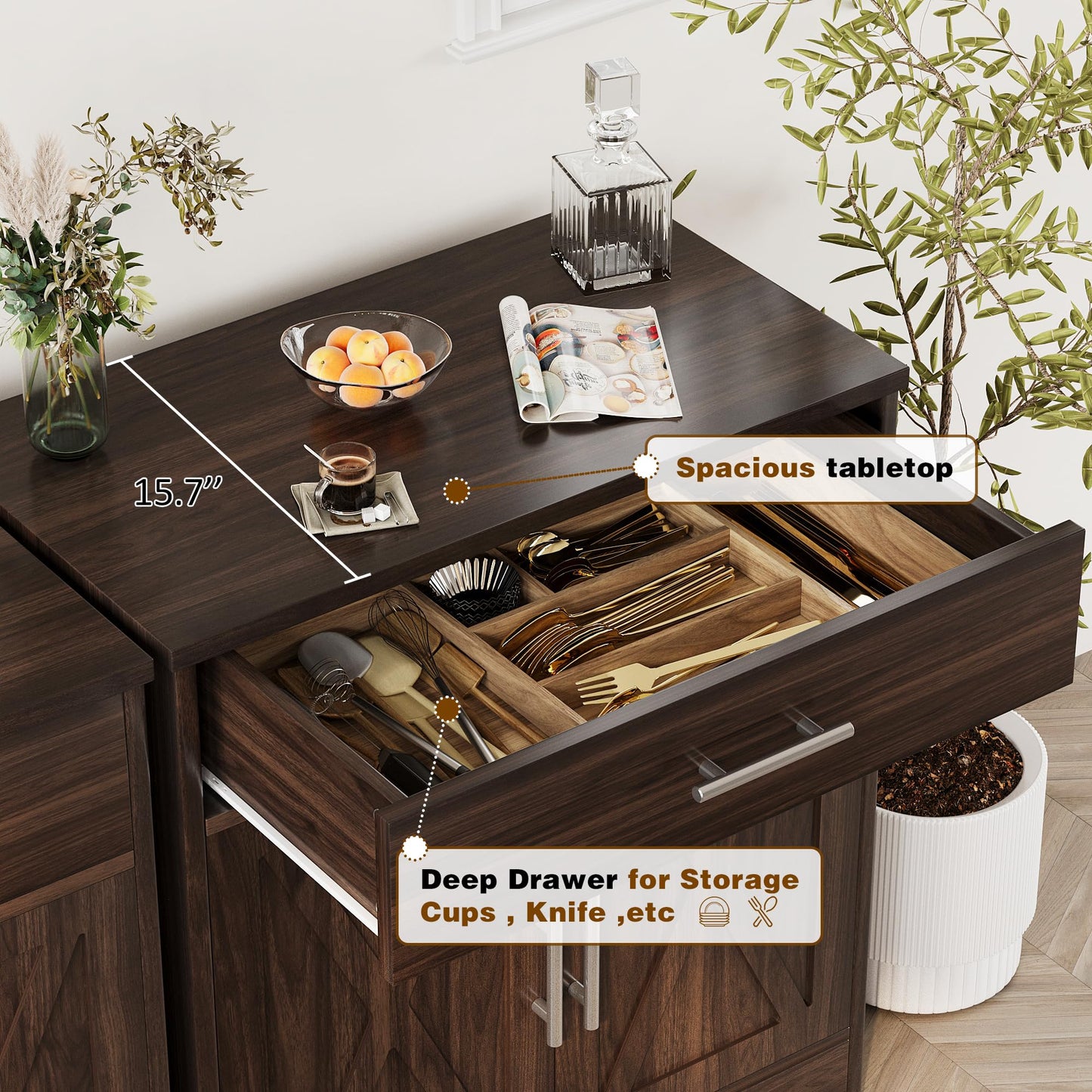 Modern Sideboard Buffet Cabinet with 1 Drawer and 2 Doors, Wood Coffee Bar Storage for Kitchen or Dining Room, Rustic Brown