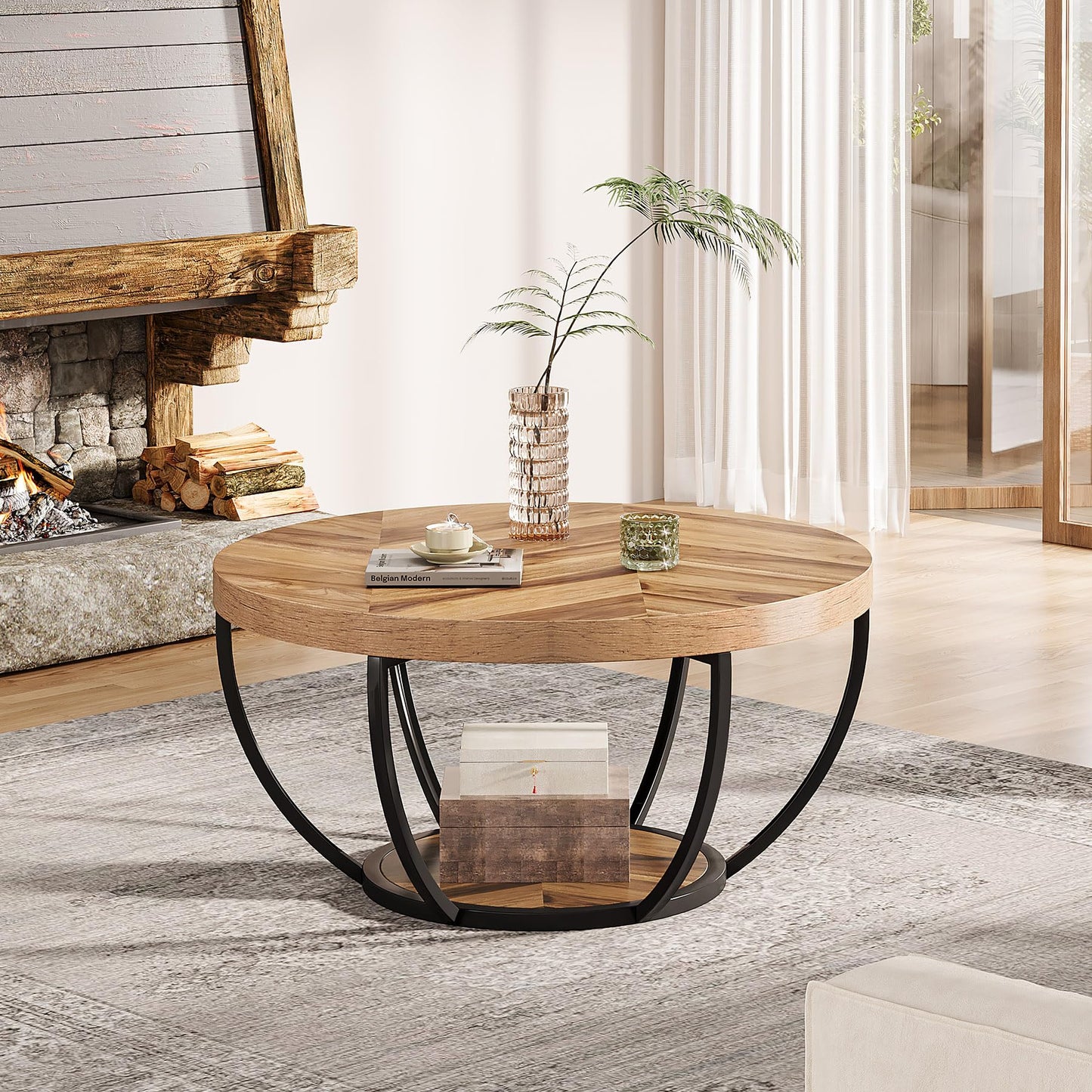 Tribesigns 31.7" Round Industrial Coffee Table, 2-Tier Wood and Black Metal Accent Center Table with Storage Shelves for Living Room or Home Office, Easy Assembly