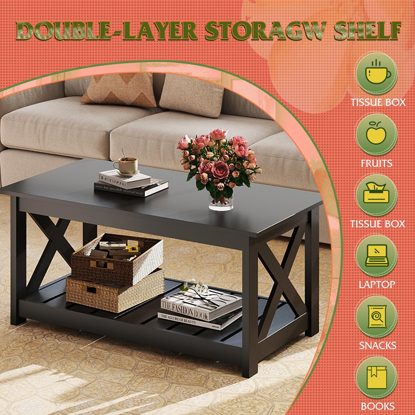 WLIVE 40.1" Farmhouse Coffee Table – 2-Tier Wood Center Table with Slatted Storage Shelf & X-Frame, Living Room or Balcony, Black