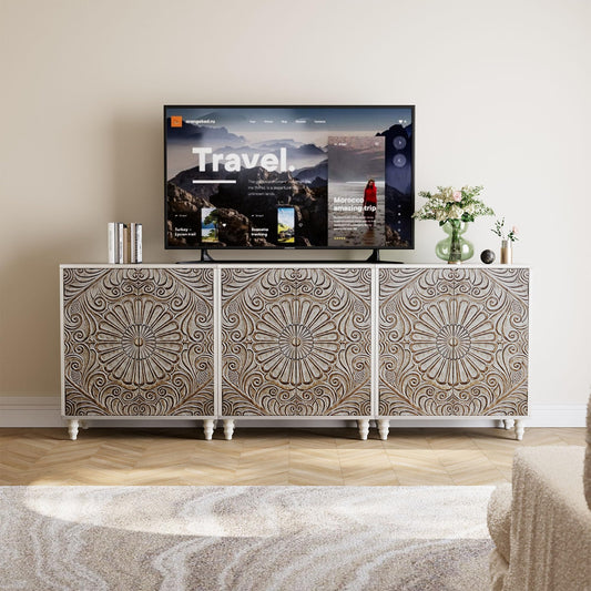 **Farmhouse Buffet Cabinet, 53" Sideboard with 3 Drawers, Rustic Storage Cabinet with Sliding Barn Door, Coffee Bar for Dining Room, Kitchen, Hallway, or Living Room, Brown**