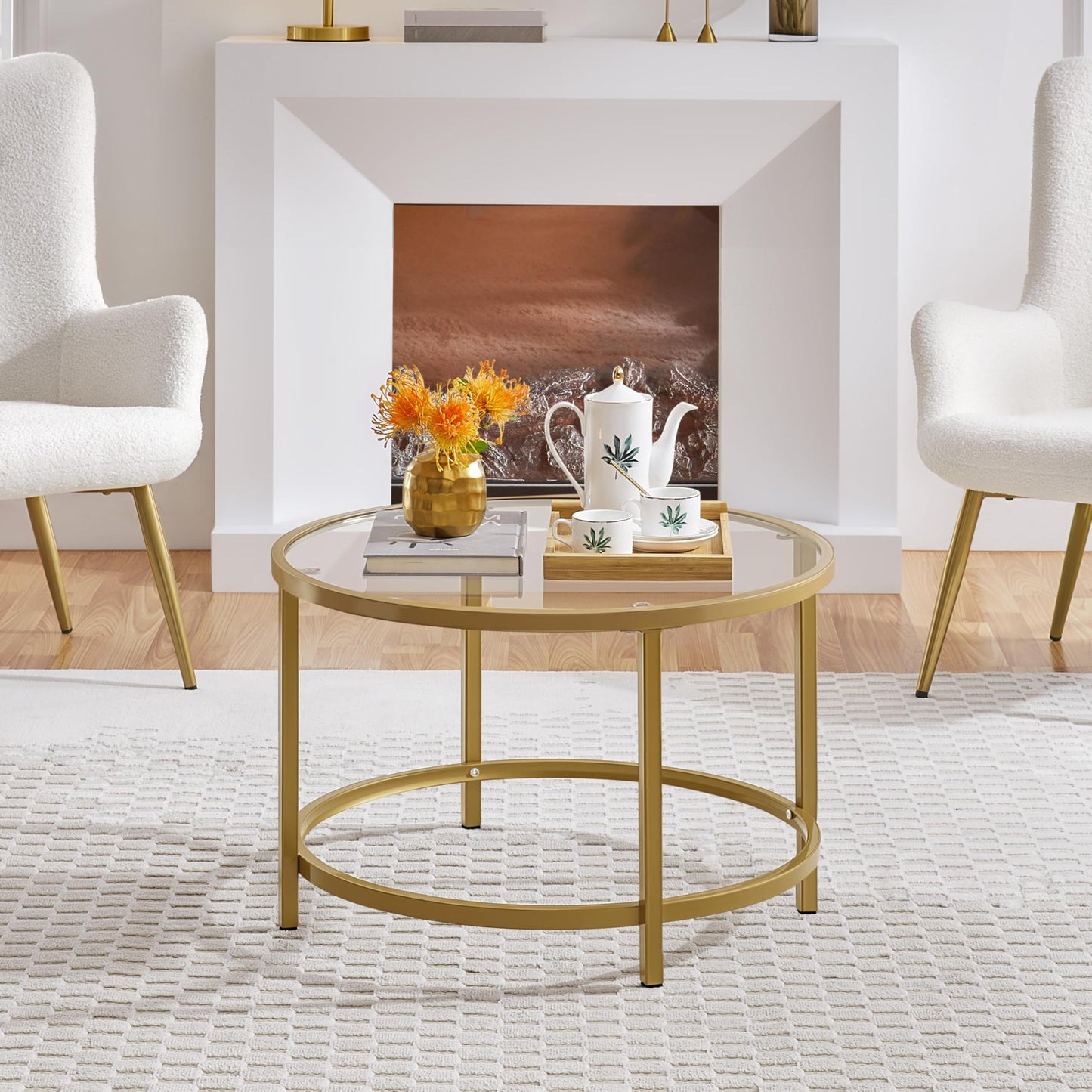 27.6" Round Glass Coffee Table with Gold Metal Frame for Living Room, Office, or Apartment