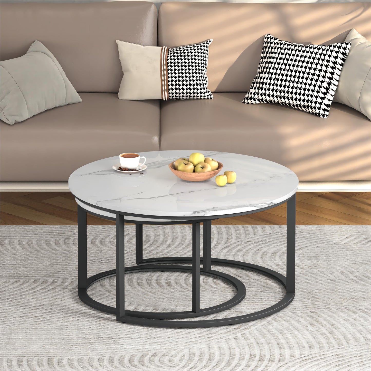 WiberWi Round Nesting Coffee Tables Set of 2 – Large Ø33.5", Small Ø25.7", Modern Metal Frame Circle Tables with High Gloss Faux White Marble Top for Living Room