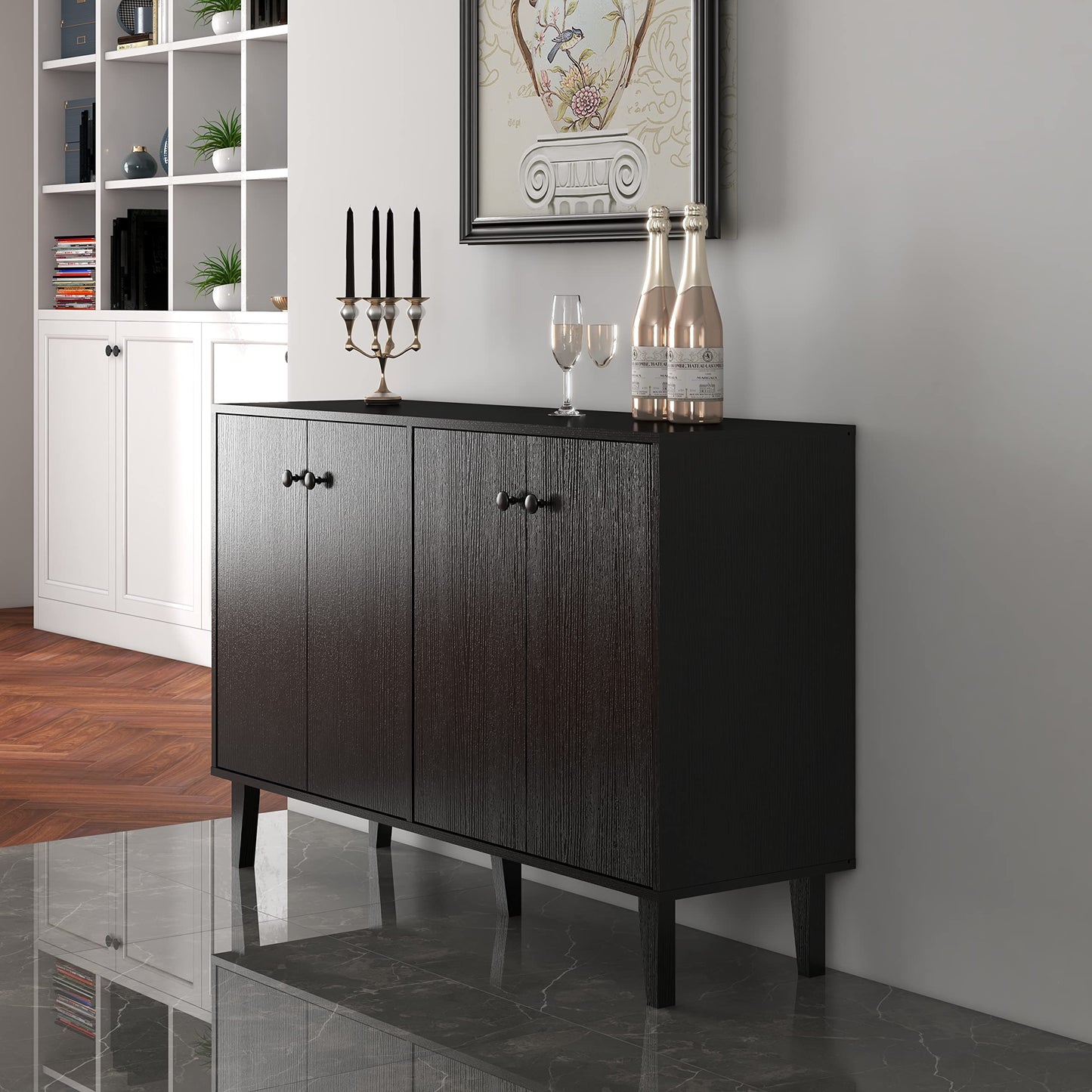Black Sideboard Buffet Cabinet with 4 Doors, Kitchen and Living Room Storage Console Table