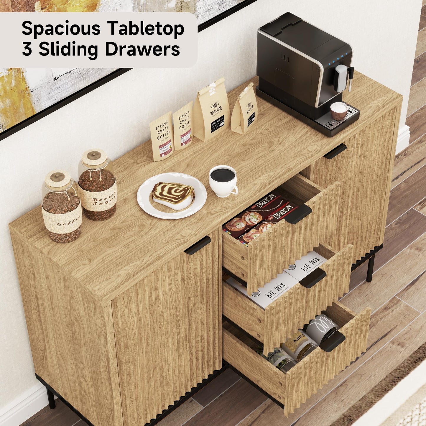 **Fluted Buffet Cabinet with Storage, Modern Sideboard with 2 Doors, 3 Drawers, and Adjustable Shelf, Coffee Bar Cabinet Credenza Buffet Table for Kitchen and Living Room, Oak**