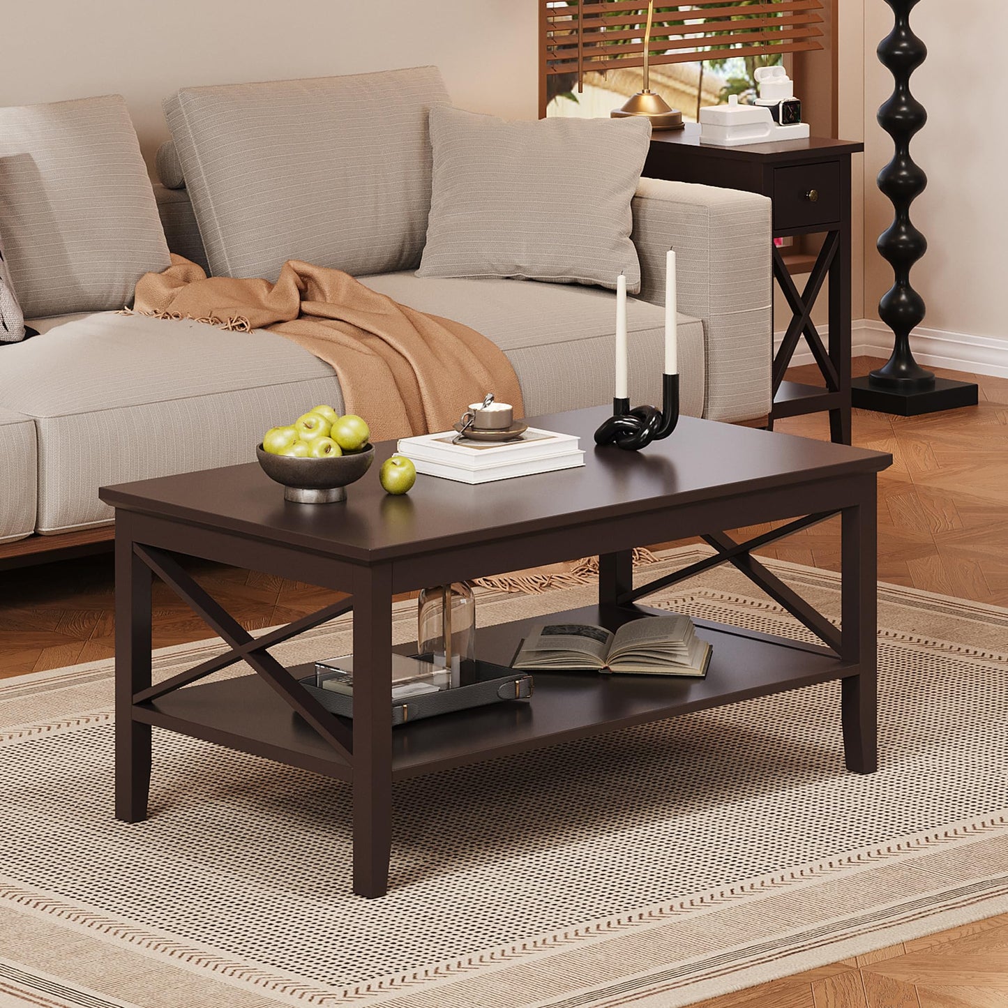 Espresso Wood Coffee Table with Thick Legs and Storage, 40 Inch Living Room Table