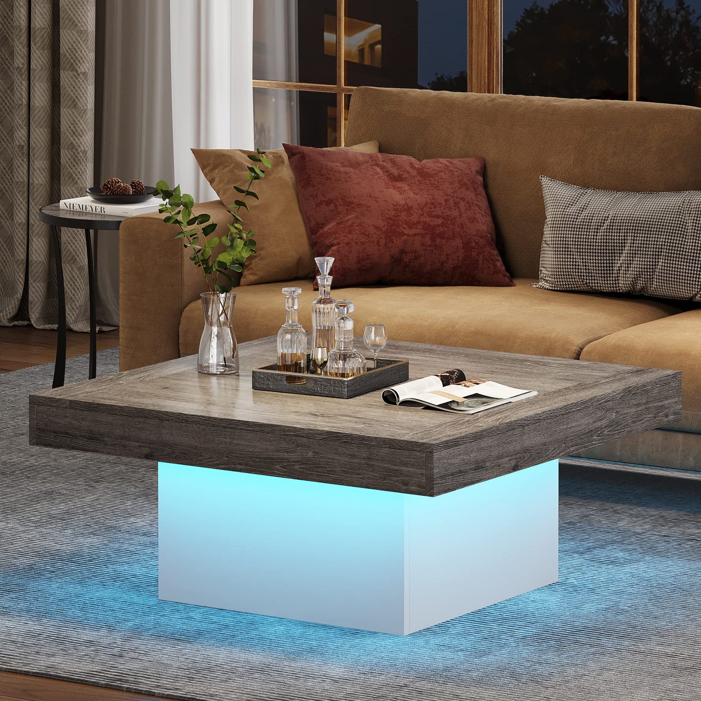 Tribesigns Square LED Coffee Table – Grey & White Engineered Wood Low Center Table for Living Room