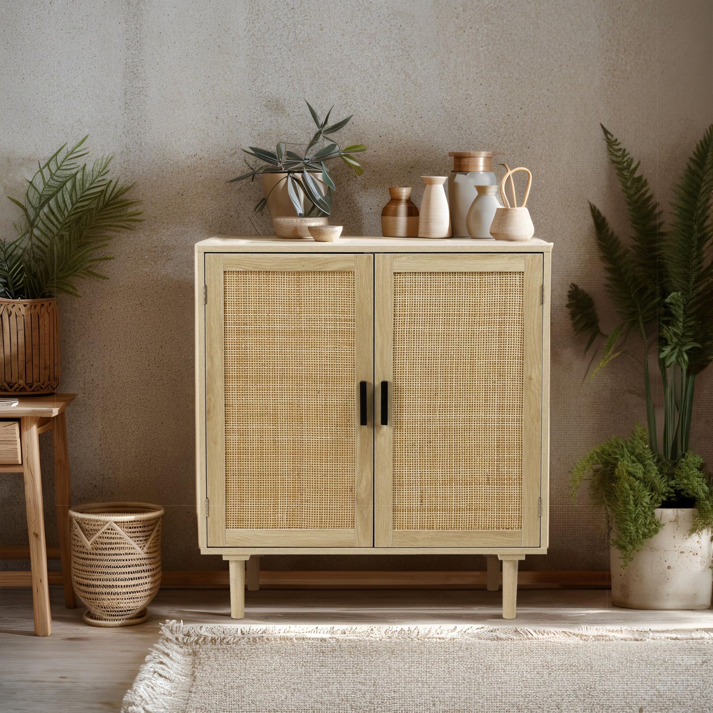 Sideboard Buffet Cabinet with Rattan Decorated Doors, Kitchen Storage Console Table and Liquor Coffee Buffet for Dining Room or Hallway, 31.5" x 15.8" x 34.6", Natural
