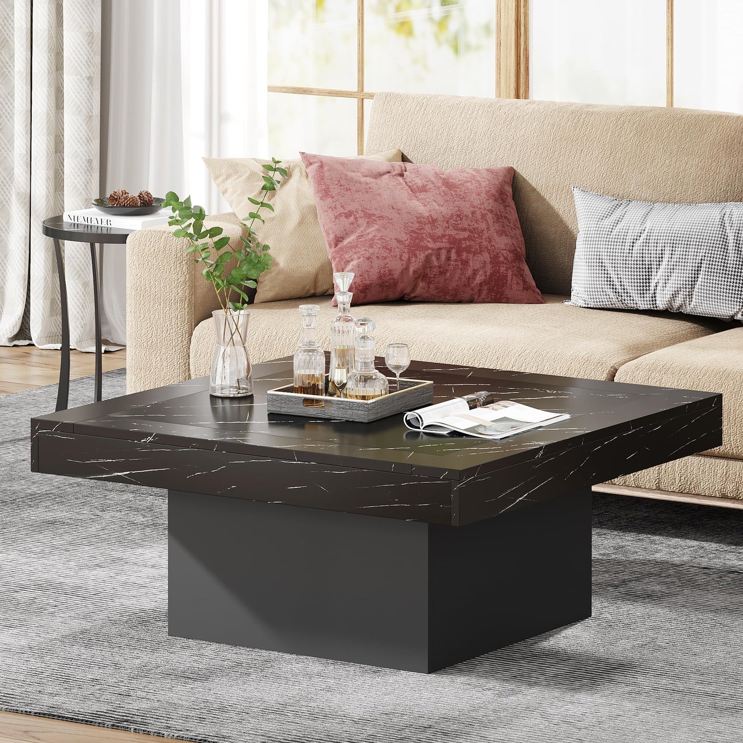 Tribesigns Square LED Coffee Table – Faux Black Marble & Black Engineered Wood Low Center Table for Living Room