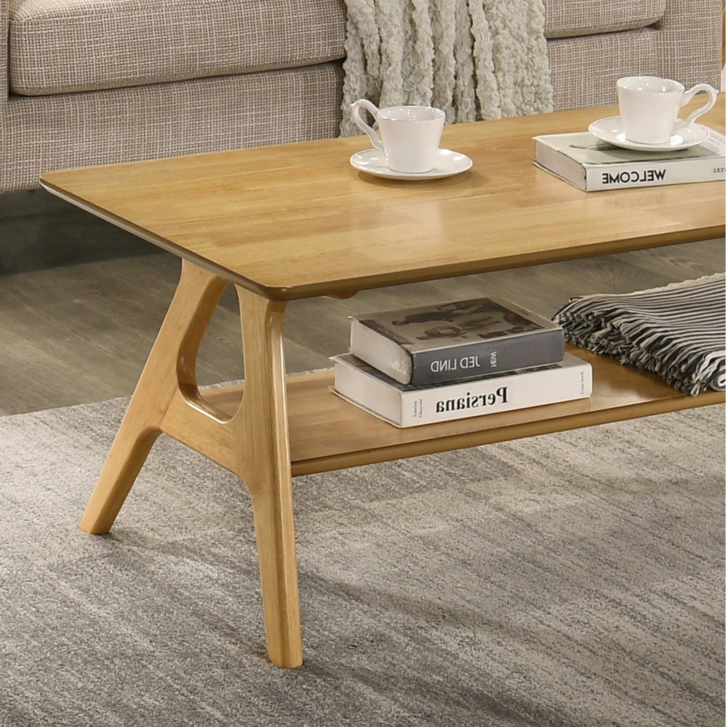 Roundhill Furniture Arona Mid-Century Modern Wood Coffee Table with Shelf – Natural Oak Finish