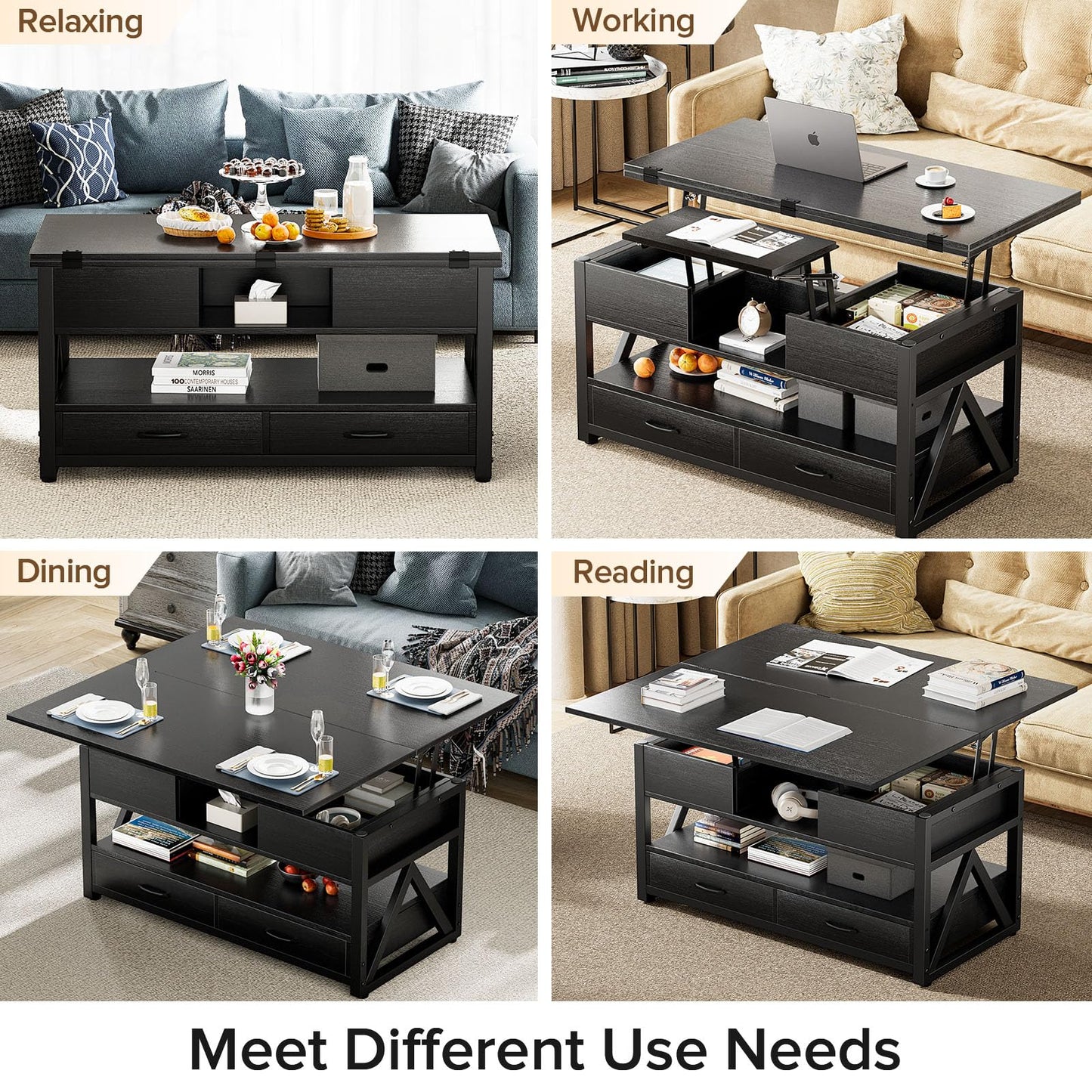 40" Lift Top Coffee Table, 4-in-1 Multi-Functional Farmhouse Coffee Table with Storage Drawers & Hidden Compartment, Lift Tabletop Center Table for Living Room, Black