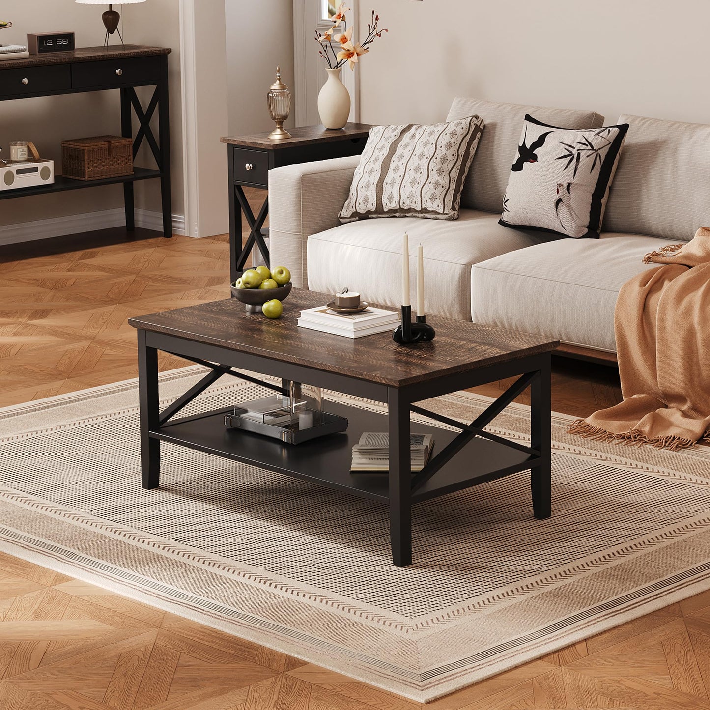 Black Wooden Coffee Table with Thick Legs and Storage for Living Room