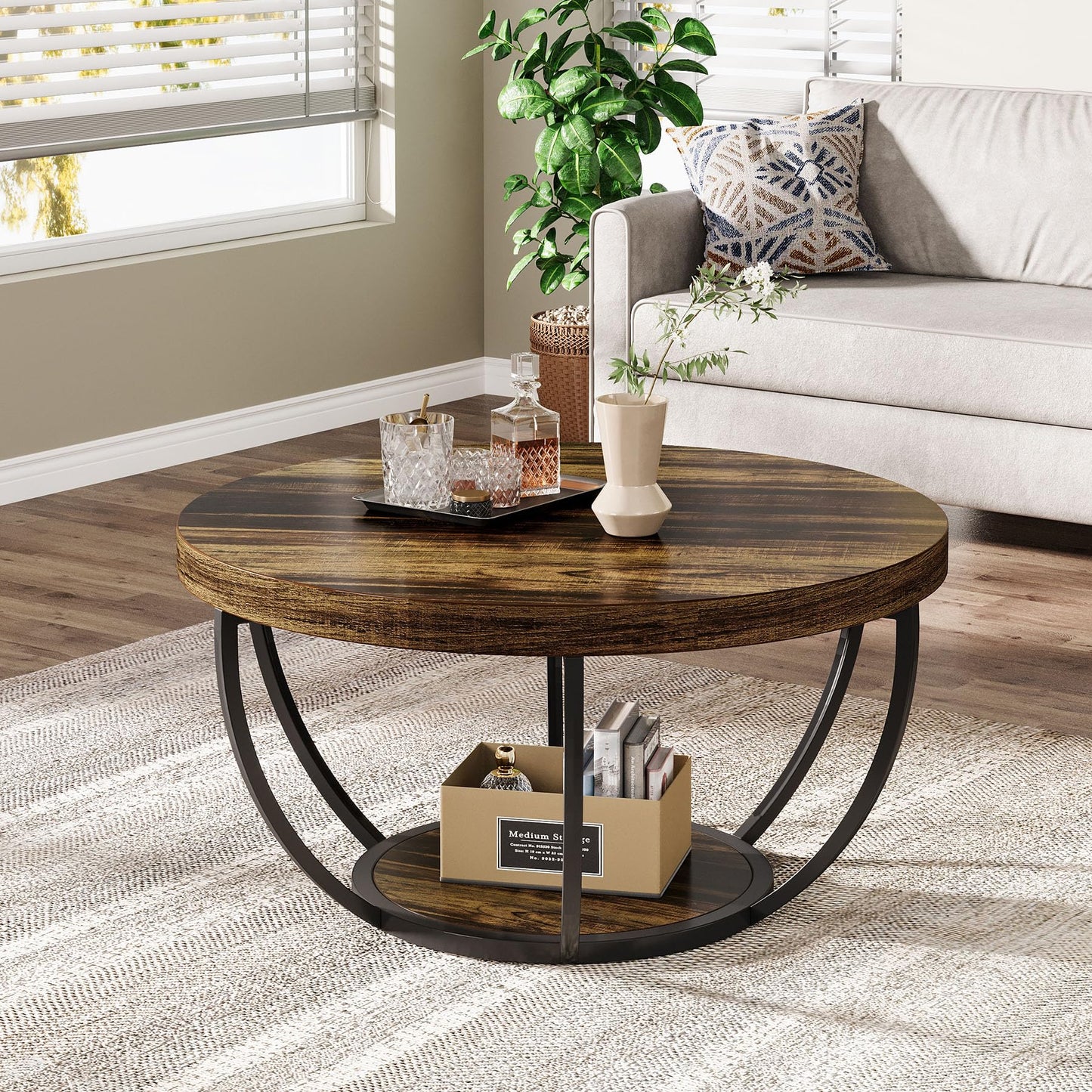 Tribesigns 31.7" Round Coffee Table, Modern 2-Tier Wooden Circle Coffee Table with Storage Shelves, Rustic Brown Accent Cocktail Center Table for Living Room