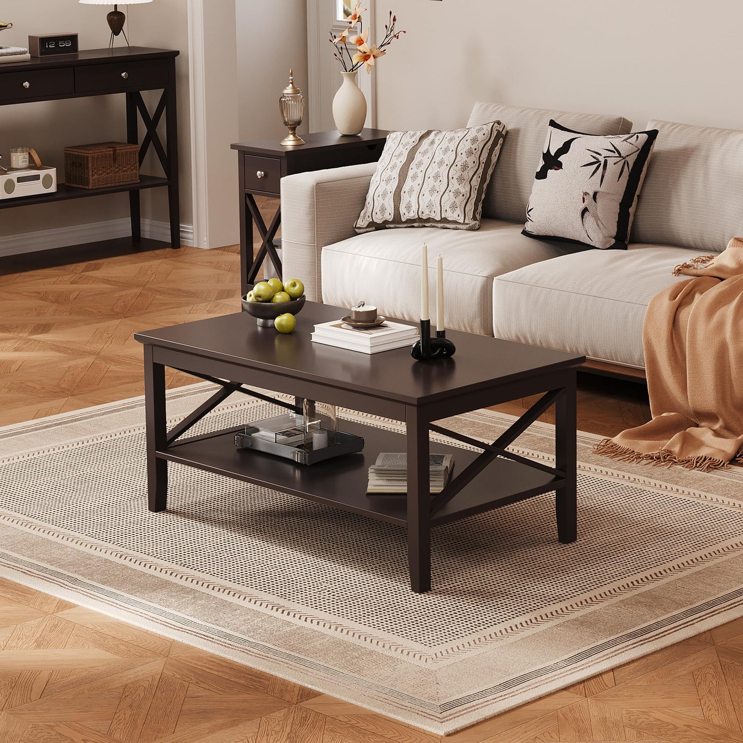 Espresso Wood Coffee Table with Thick Legs and Storage, 40 Inch Living Room Table