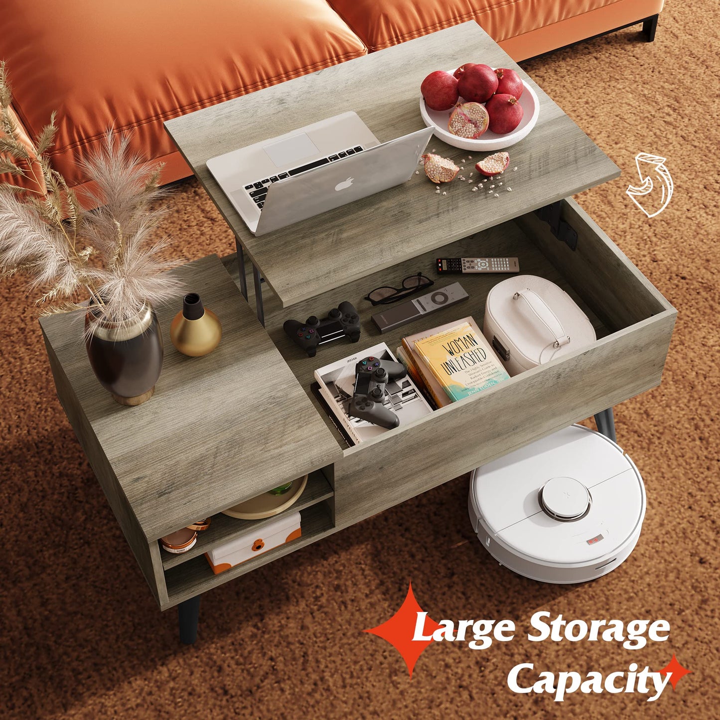 WLIVE Greige Lift Top Coffee Table – Mid-Century Modern Small Table with Adjustable Shelf & Storage Compartment for Living Room