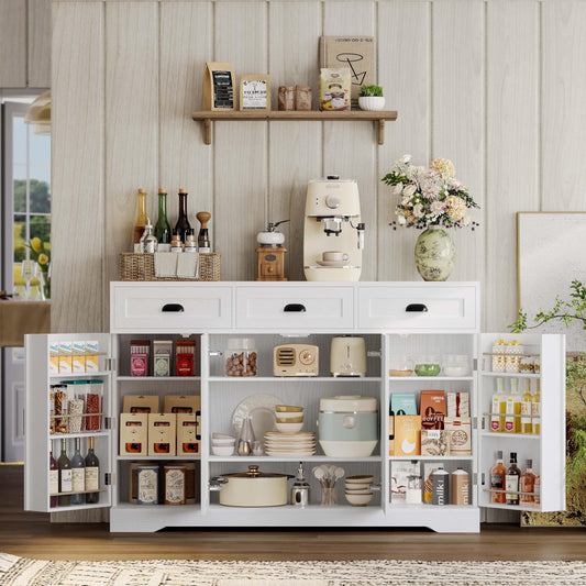 Buffet Cabinet with 4 Doors, 3 Drawers, and 6 Adjustable Shelves, Modern Sideboard Coffee Bar Storage for Kitchen or Dining Room, White