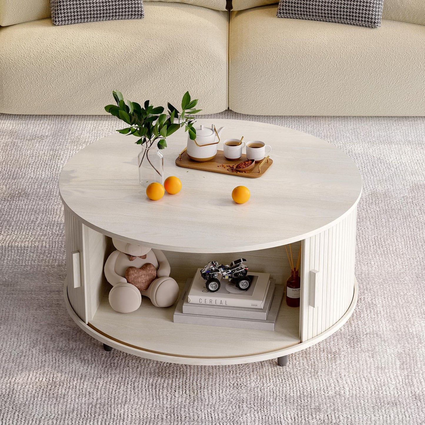Round Coffee Table with Storage, 31.5" Modern Fluted Wood Table with 360° Sliding Door and Adjustable Footpads, Natural White