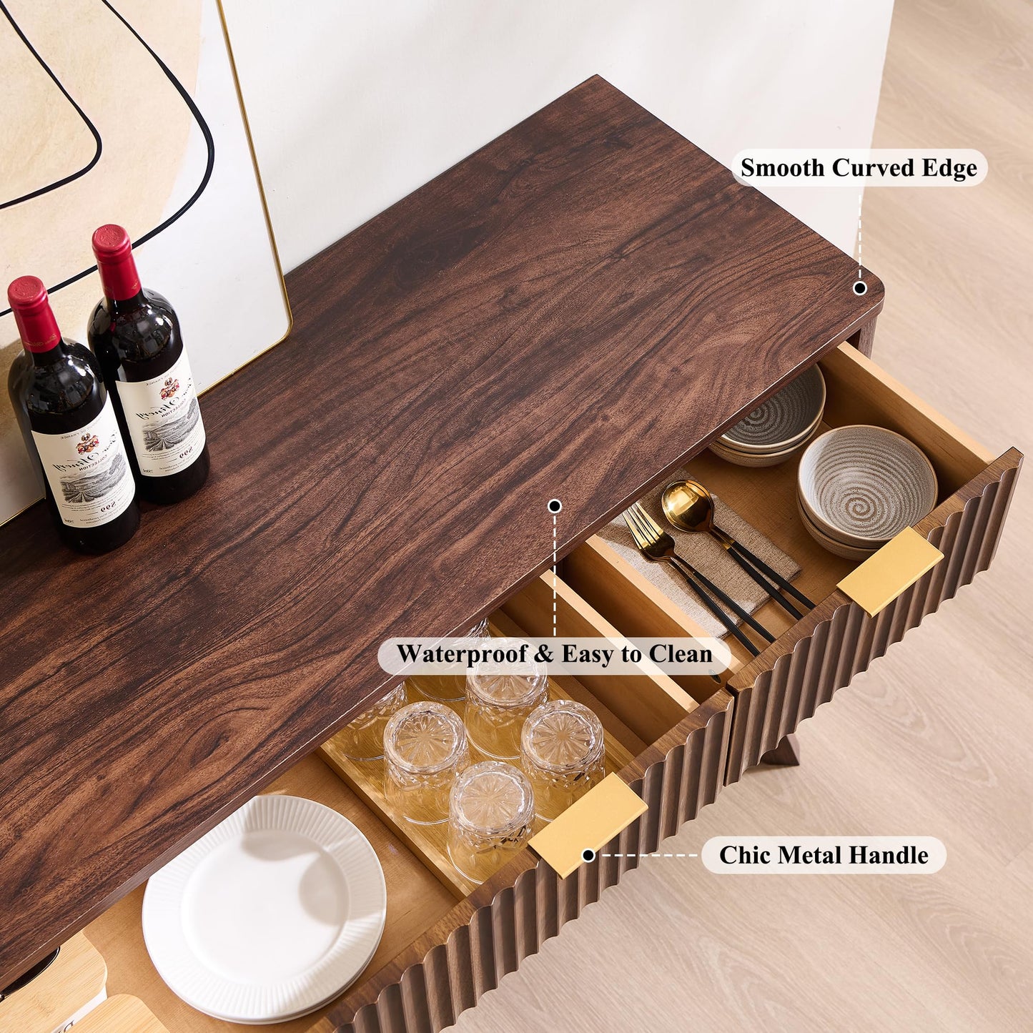 **T4TREAM 60" Fluted Buffet Sideboard Cabinet with Storage, Modern Large Buffet Table with 3 Drawers & 4 Doors for Dining Room, Living Room, or Hallway, Dark Walnut**