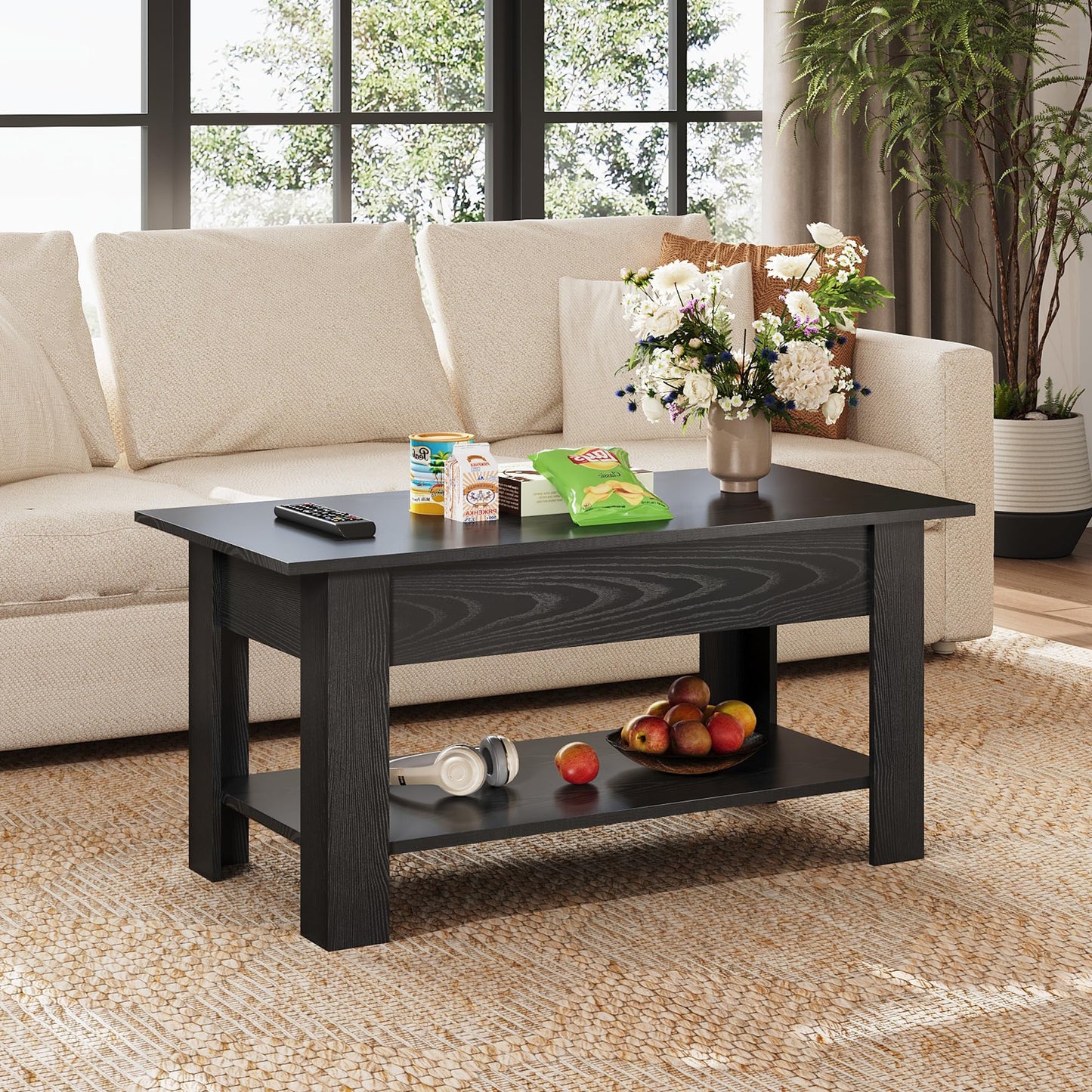 39" Lift Top Coffee Table with Hidden Compartment and Storage Shelf for Living Room or Office, Black Oak