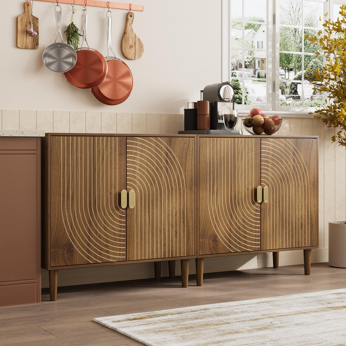 Walnut Sideboard Cabinet with Line Groove Design, Freestanding Wood Buffet Cabinet with Adjustable Shelf for Living Room, Entryway, or Hallway