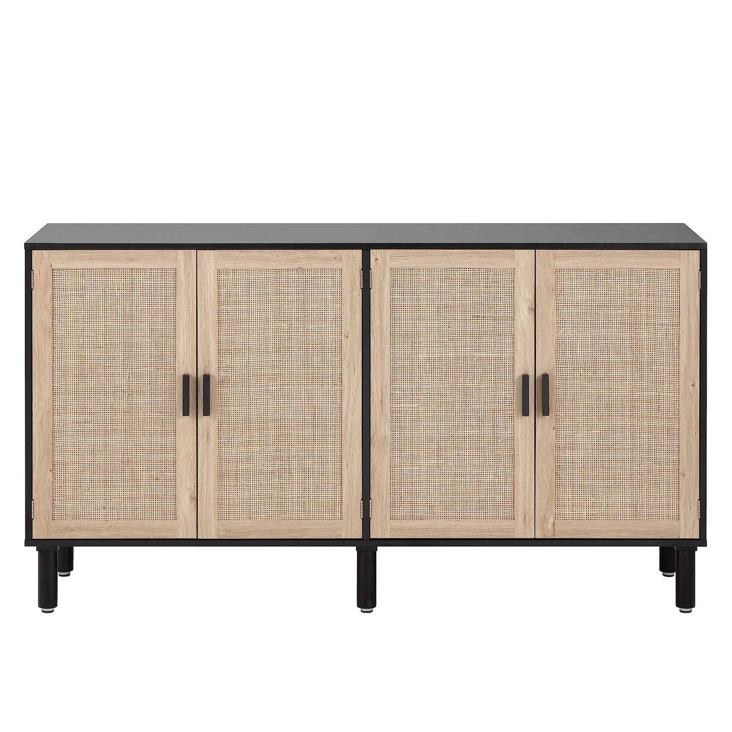 4-Door Sideboard Buffet Cabinet with Rattan Doors, Boho Kitchen Storage Console Table and Liquor Bar Cabinet, 62.3" x 15.7" x 34.6", Black