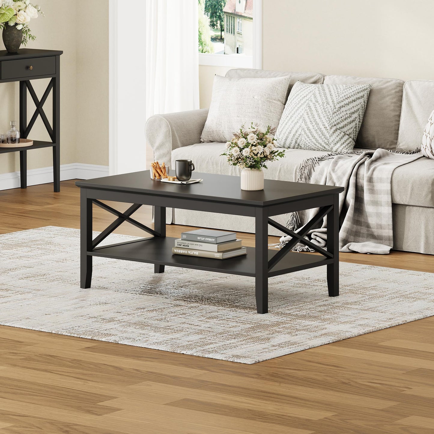 Black Wood Coffee Table with Thick Legs and Storage for Living Room