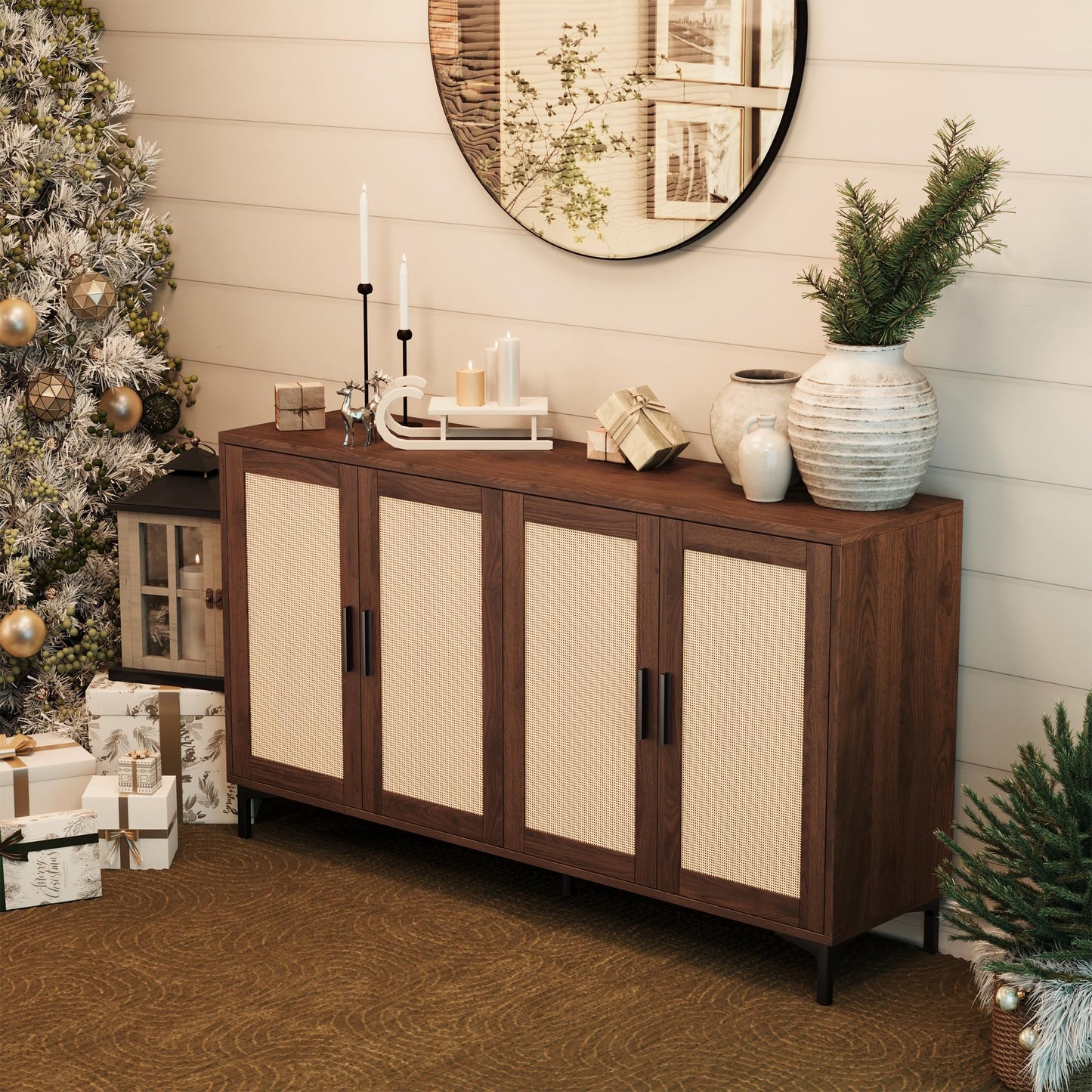 **JASIWAY Modern Rattan Sideboard Buffet Cabinet, 42"W x 34.66"H x 15"D, Brown, 4-Door Kitchen Buffet Cabinet with 3 Adjustable Shelves, Accent Storage for Dining Room and Living Room**