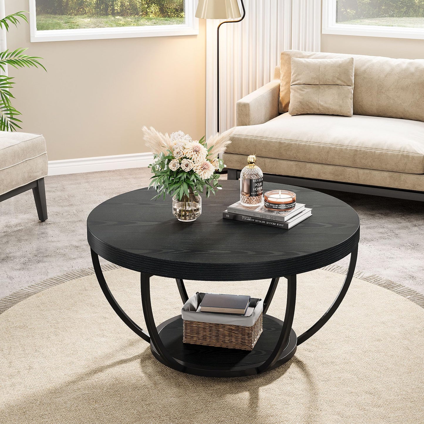 Tribesigns Black Round Coffee Table, 31.7" Modern 2-Tier Circle Coffee Table with Storage Shelves, Accent Cocktail Table Center Table for Living Room