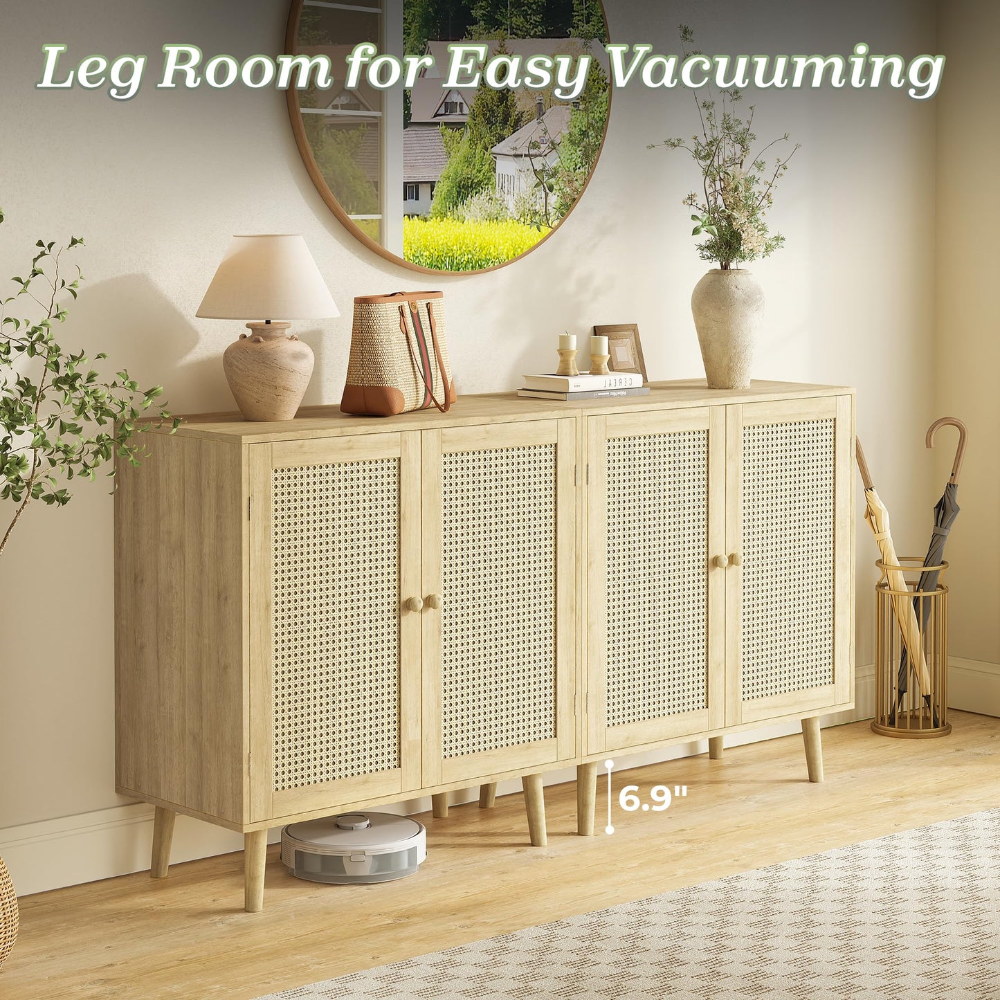 **Huuger Buffet Cabinet with Storage, PE Rattan Decor Doors, Solid Wood Feet Accent Sideboard for Hallway, Entryway, or Living Room, Natural**