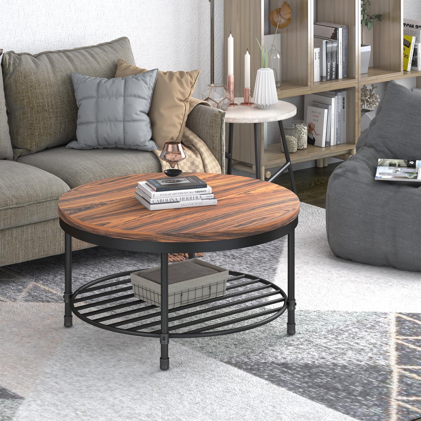 NSdirect 36" Round Coffee Table with Storage Shelf – Dark Red Brown Vintage Wood Top & Sturdy Metal Legs, 18.5" Height Modern Center Table for Living Room or Small Spaces