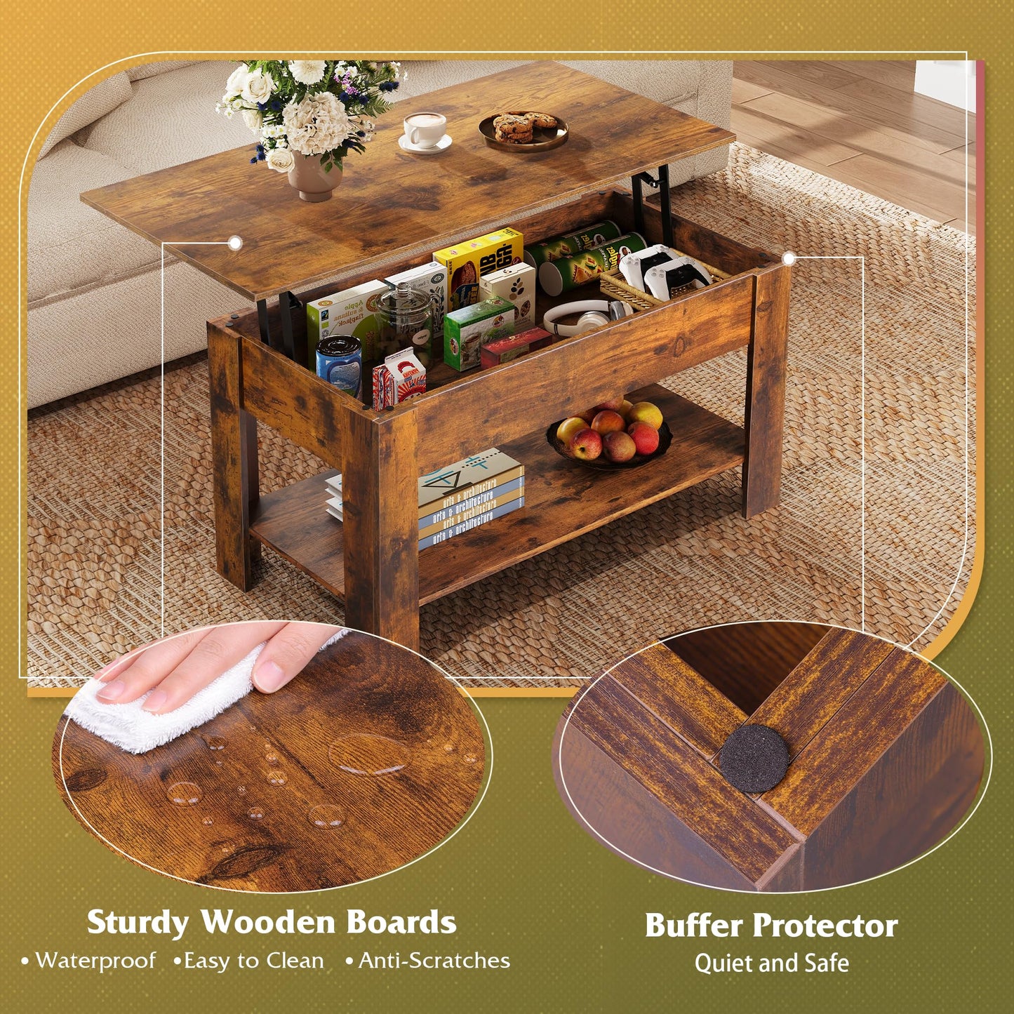 39" Lift Top Coffee Table with Hidden Compartment and Storage Shelf for Living Room or Office, Rustic Brown