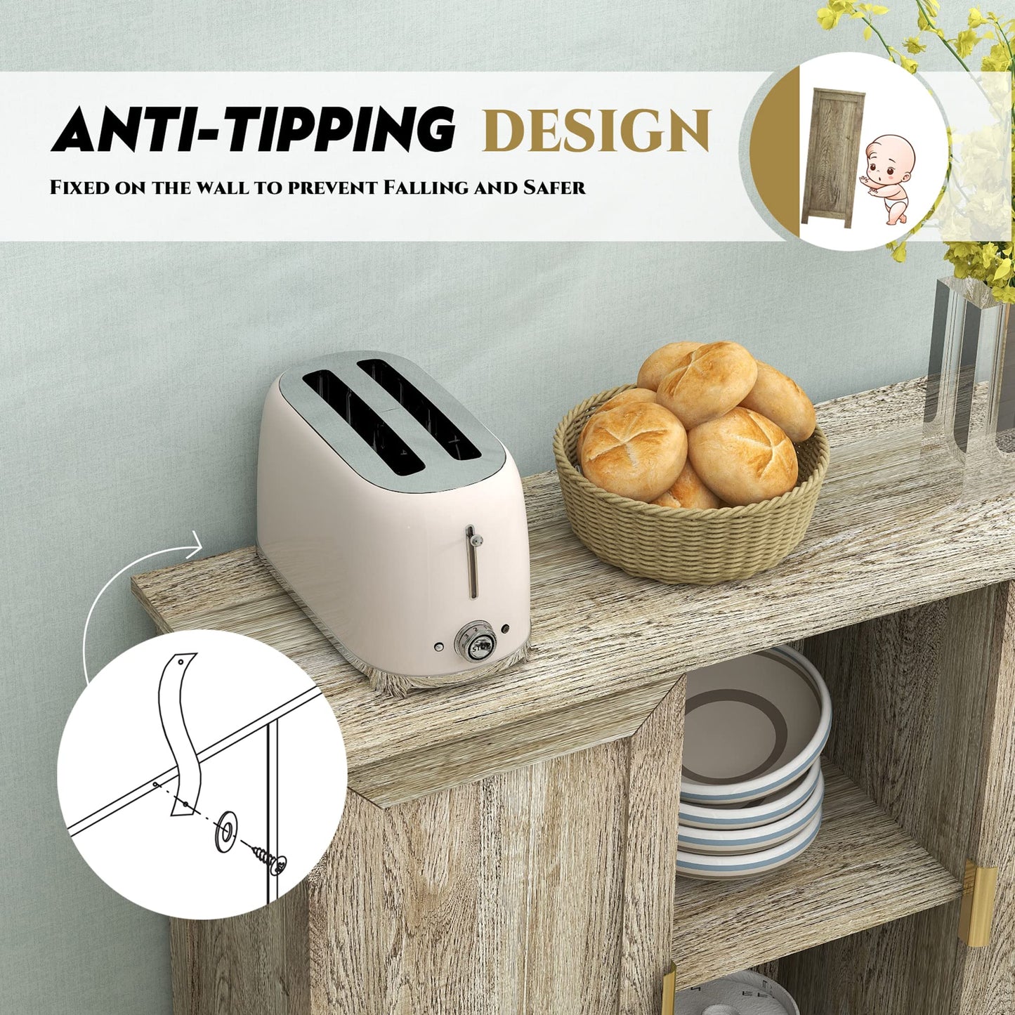 Farmhouse Buffet Cabinet with Storage, Entryway Sideboard Credenza, Narrow Console Table for Hallway